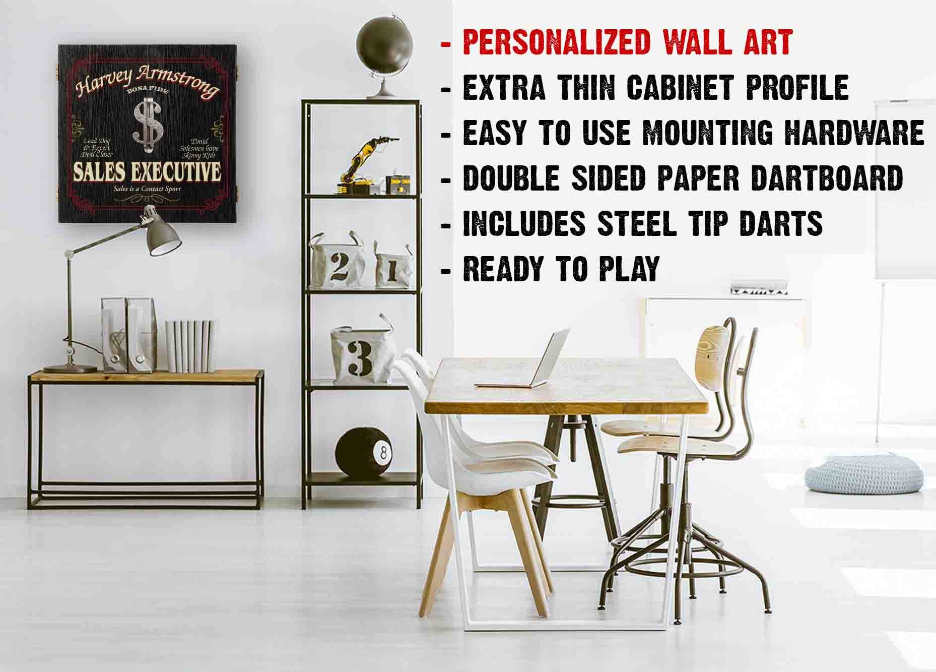 THOUSAND OAKS BARREL CO. Personalized Dartboard Cabinet Set with 6 Steel Tip Darts - Professional Bristle Dart Board for Adults - Includes Eraser & Chalk Scoreboard - Perfect for Game Rooms, Bars, and Home Entertainment