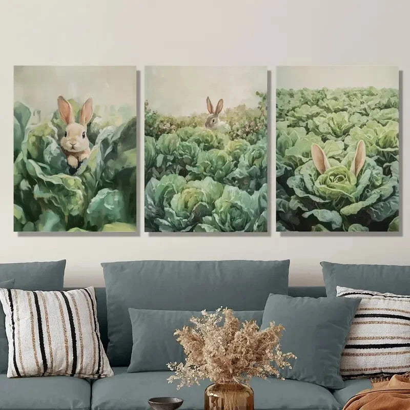 3pcs Rabbit in Vegetable Garden Metal Wall Art - Ready to Hang Home Decor for Living Room, Bedroom & Nursery