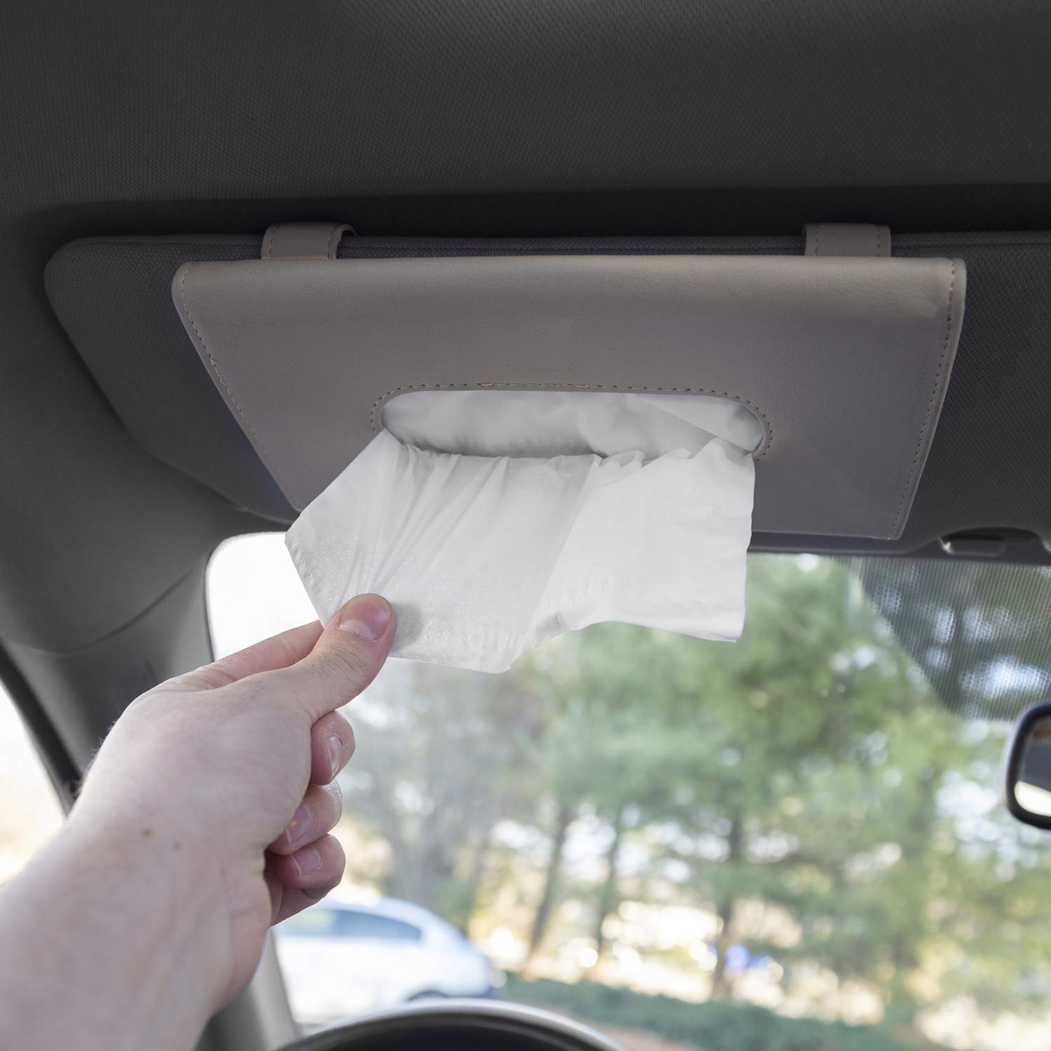 Premium Beige PU Leather Car Sun Visor Tissue Holder - Hanging Tissue Dispenser for Car Door & Back Seat Pocket - Interior Accessories Pouch for Wipes & Napkins - Perfect for Road Trips, Commuting & Family Travel