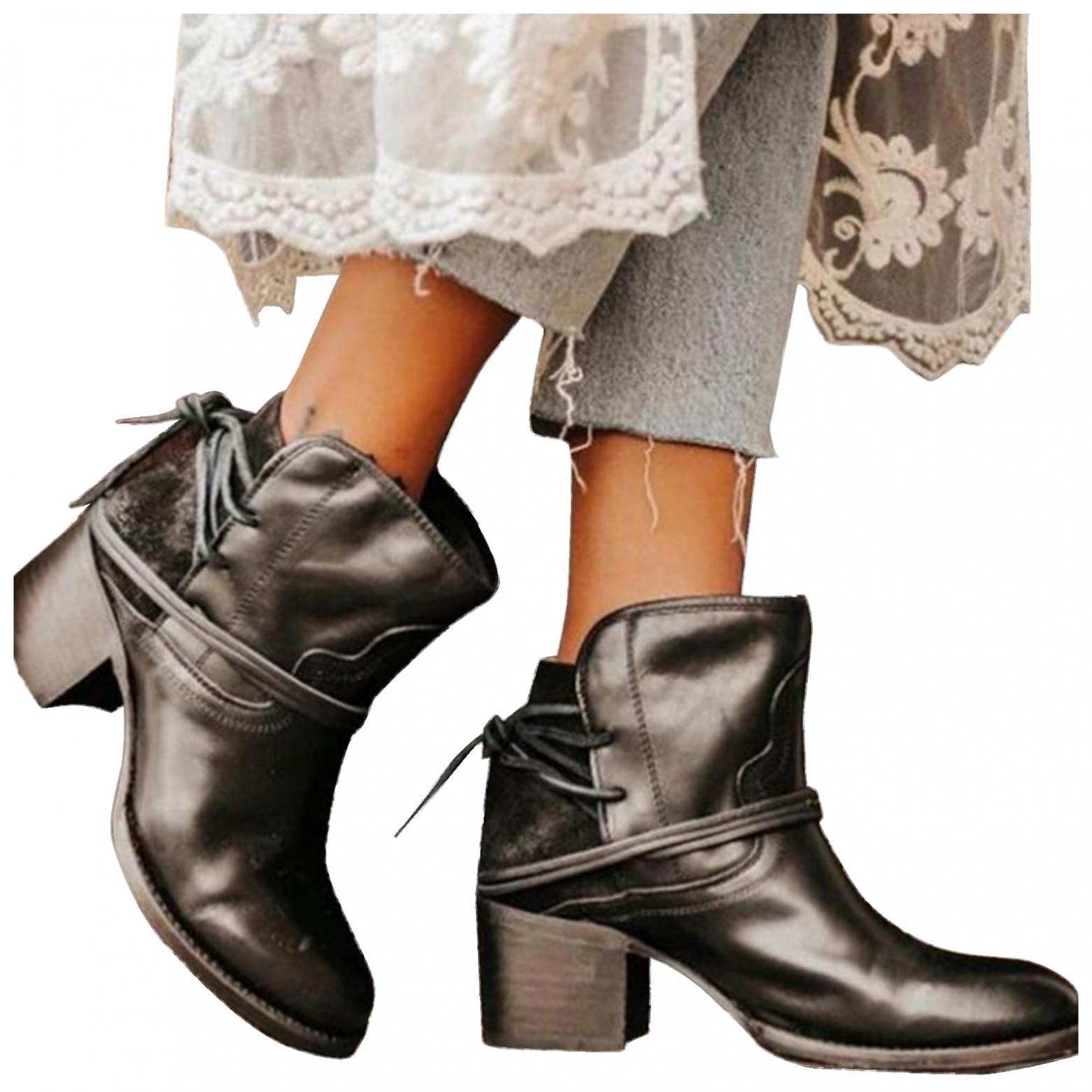 Eduavar Women's Low Heel Slip-On Cowboy Ankle Boots - Fashion Casual Combat Booties for Outdoor Walking & Everyday Wear