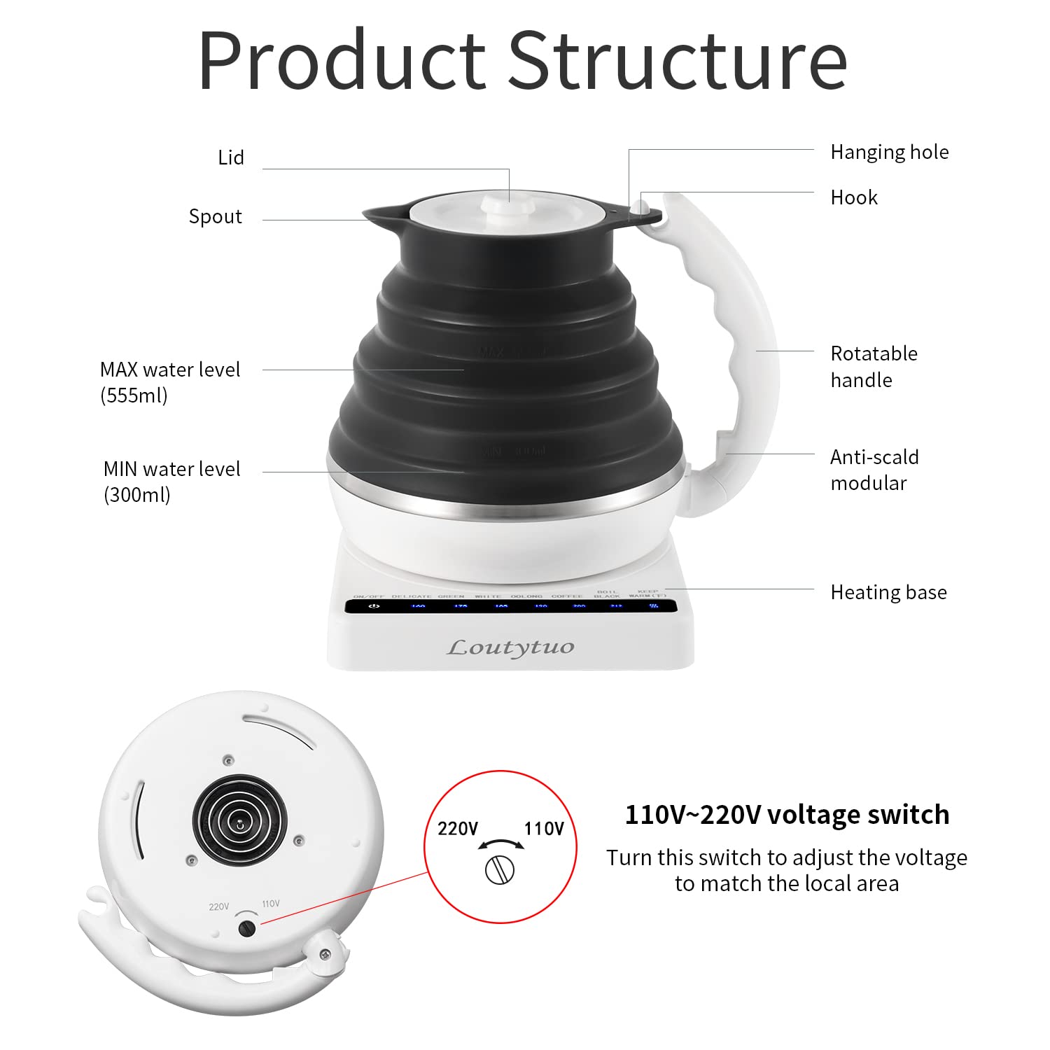 Ultra-Thin Food Grade Silicone Travel Foldable Electric Kettle - 555ML, Variable Temperature Control, Dual Voltage (110V-220V), Auto Shutoff, Boil-Dry Protection & Keep Warm - Perfect for Camping, Dorm Rooms, Office & International Travel (US Plug)
