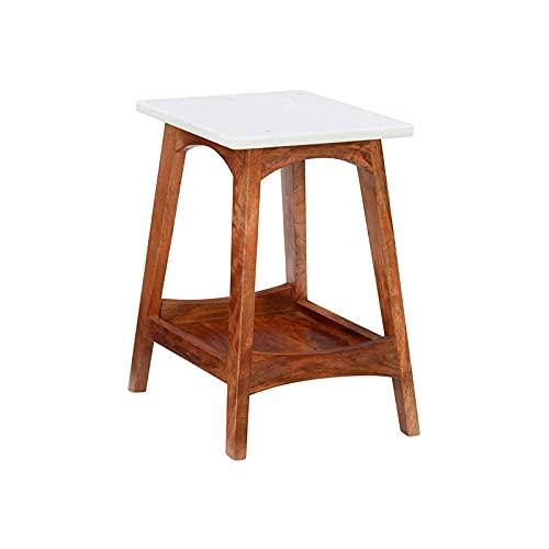 Powell Furniture Linon Pace Wood and Marble Side Table - Brown End Table for Living Room, Bedroom, or Office - Small Accent Table with Sturdy Wood Base and Elegant Marble Top