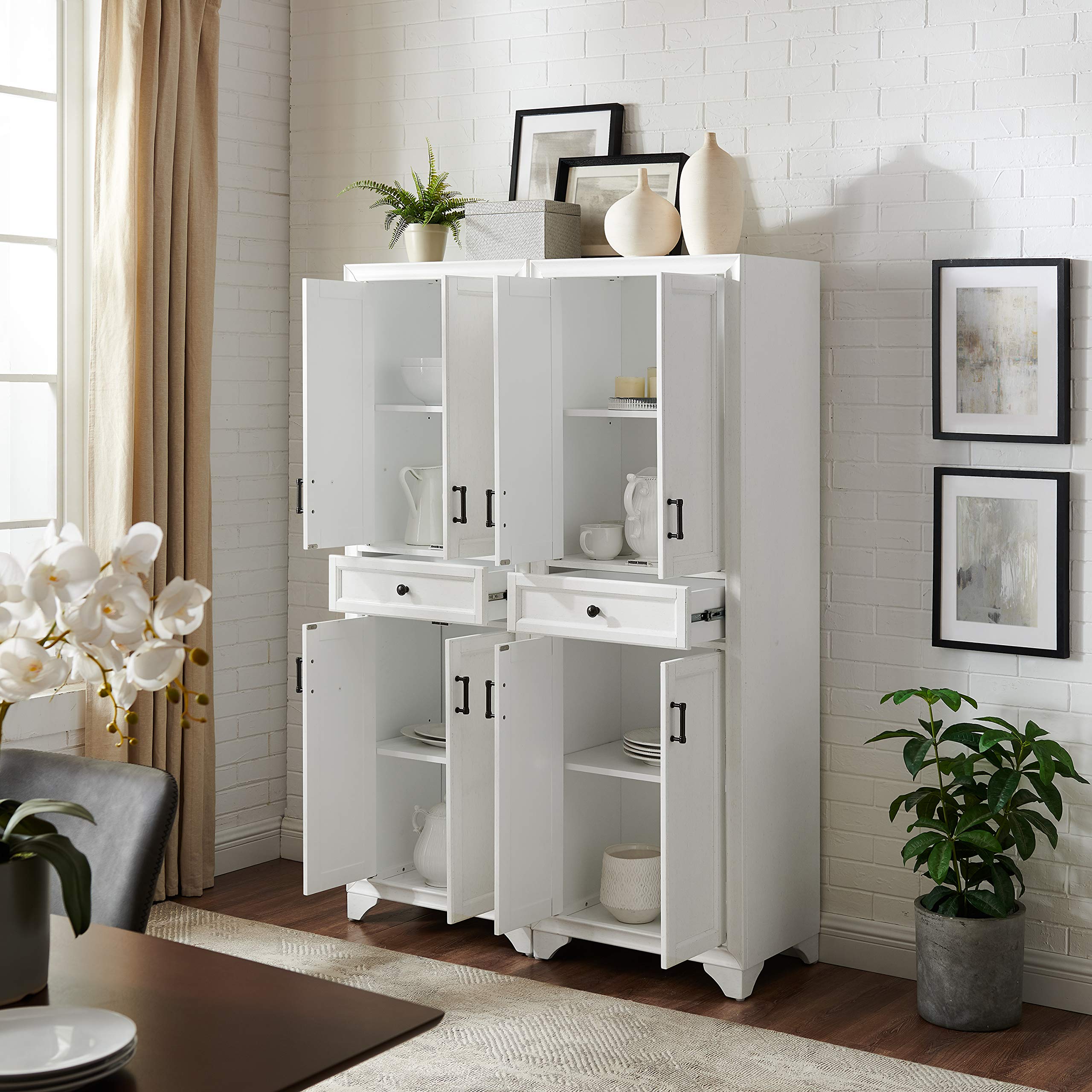 Crosley Furniture Tara 2-Piece Pantry Storage Cabinet Set with Adjustable Shelves - Distressed White Kitchen Organizer for Dining Room & Laundry Room Storage | Perfect for Small Spaces & Home Organization