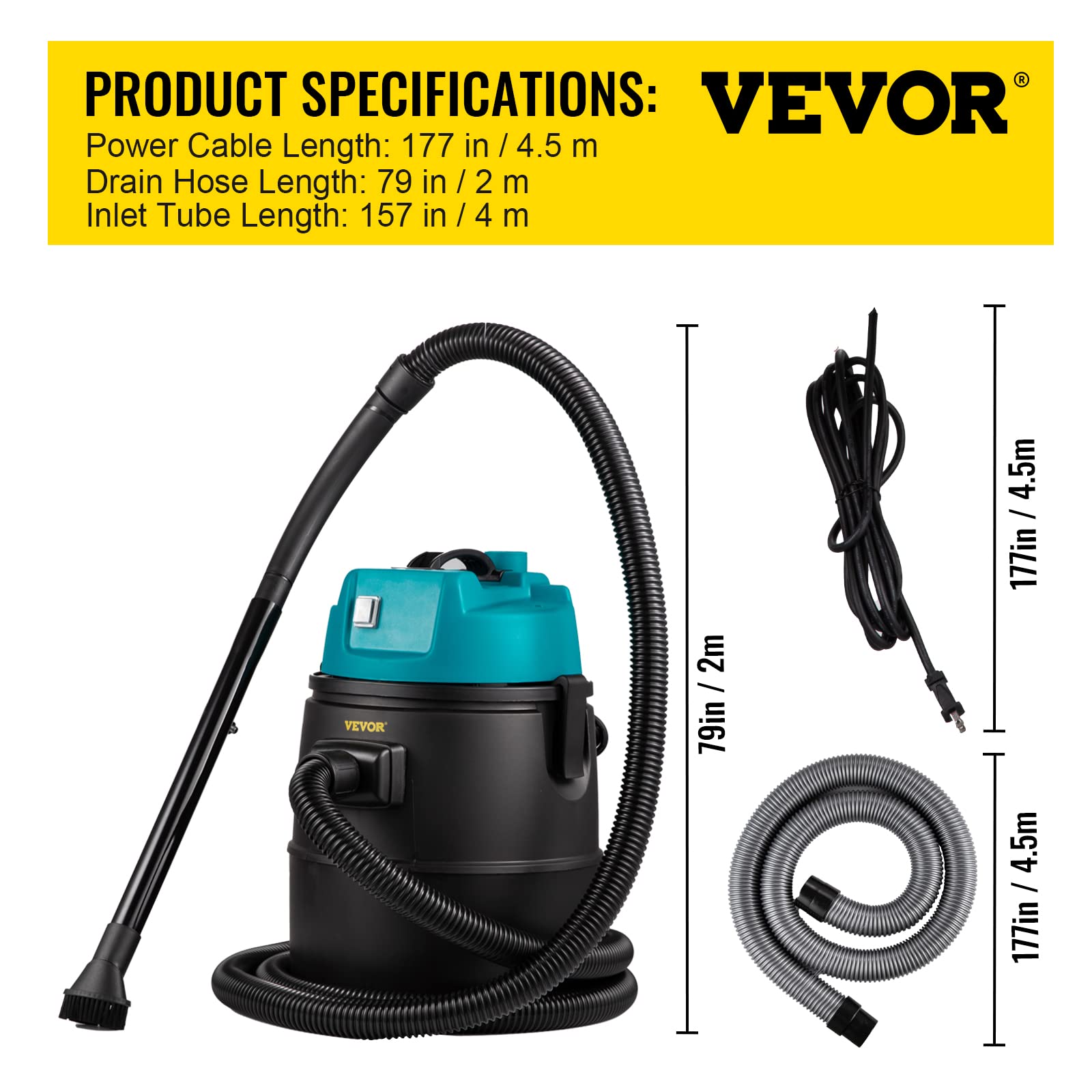 VEVOR 1400W Powerful Pond Vacuum Cleaner with 13ft Intake Hose, 4 Extension Tubes, 15ft Power Cord, 4 Brush Heads & Nozzles - Ideal for Garden Pond Cleaning, Water Feature Maintenance, and Koi Fish Tank Cleaning