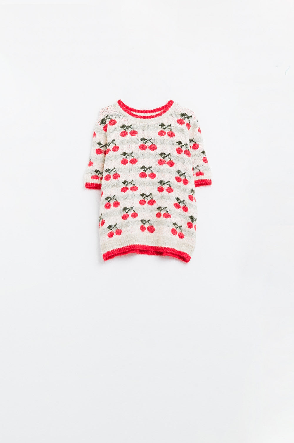 Women's Short Sleeve Pullover Sweater in Ecru with Cherry Print - Casual Spring Outfit & Cozy Fall Layering