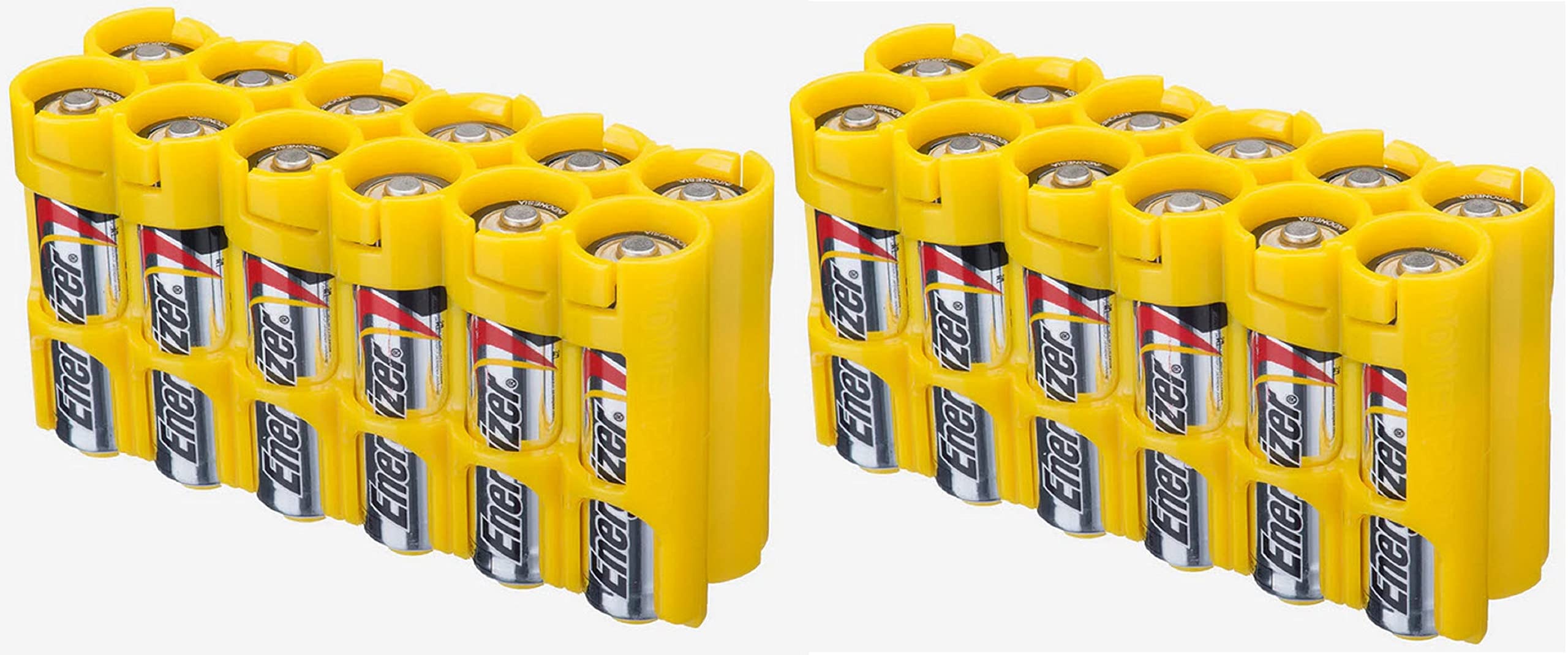 12AACY AA Battery Organizer - 2 Pack Yellow Plastic Battery Holders for AA Batteries | Compact Storage for Home, Office, Toys & Electronics