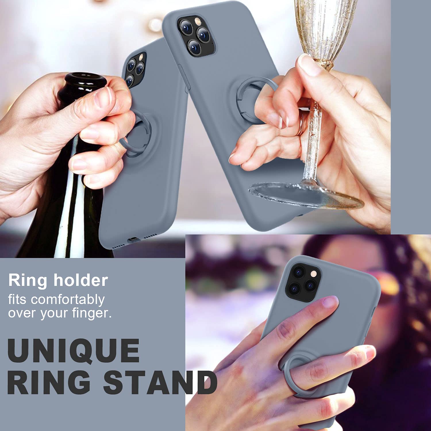 Thomo Liquid Silicone iPhone 11 Pro Max Case with Ring Holder & Kickstand - Anti-Scratch Microfiber Lining, Full Body Protective Cover (Lavender Grey) - Perfect for Work, Travel, and Everyday Use