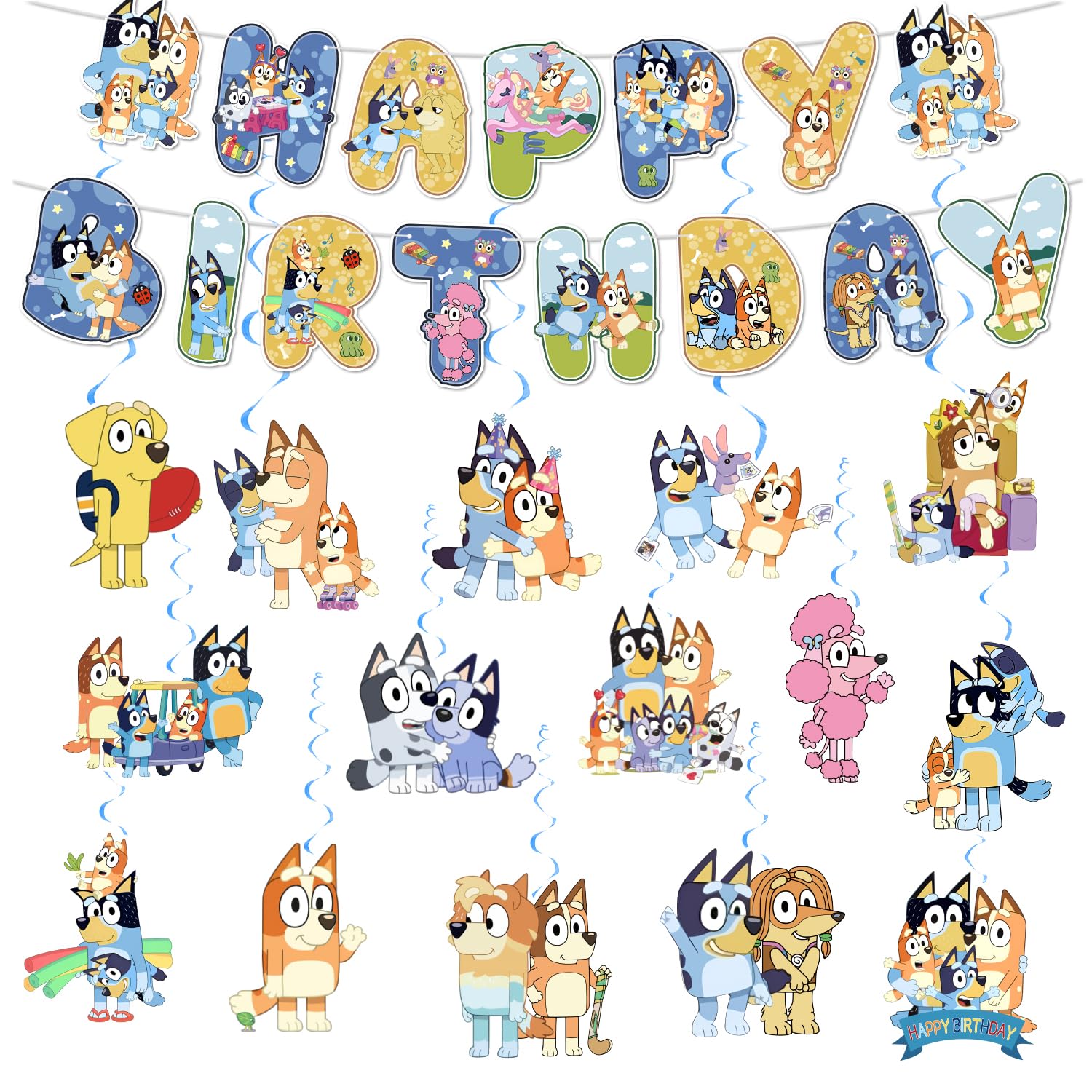 16PCS Blue Dog Happy Birthday Banner Party Decorations - 1 Banner & 15 Hanging Swirls for Kids Birthday Party Supplies | Perfect for Boys Girls Birthday Decorations, Baby Showers & Indoor Outdoor Celebrations