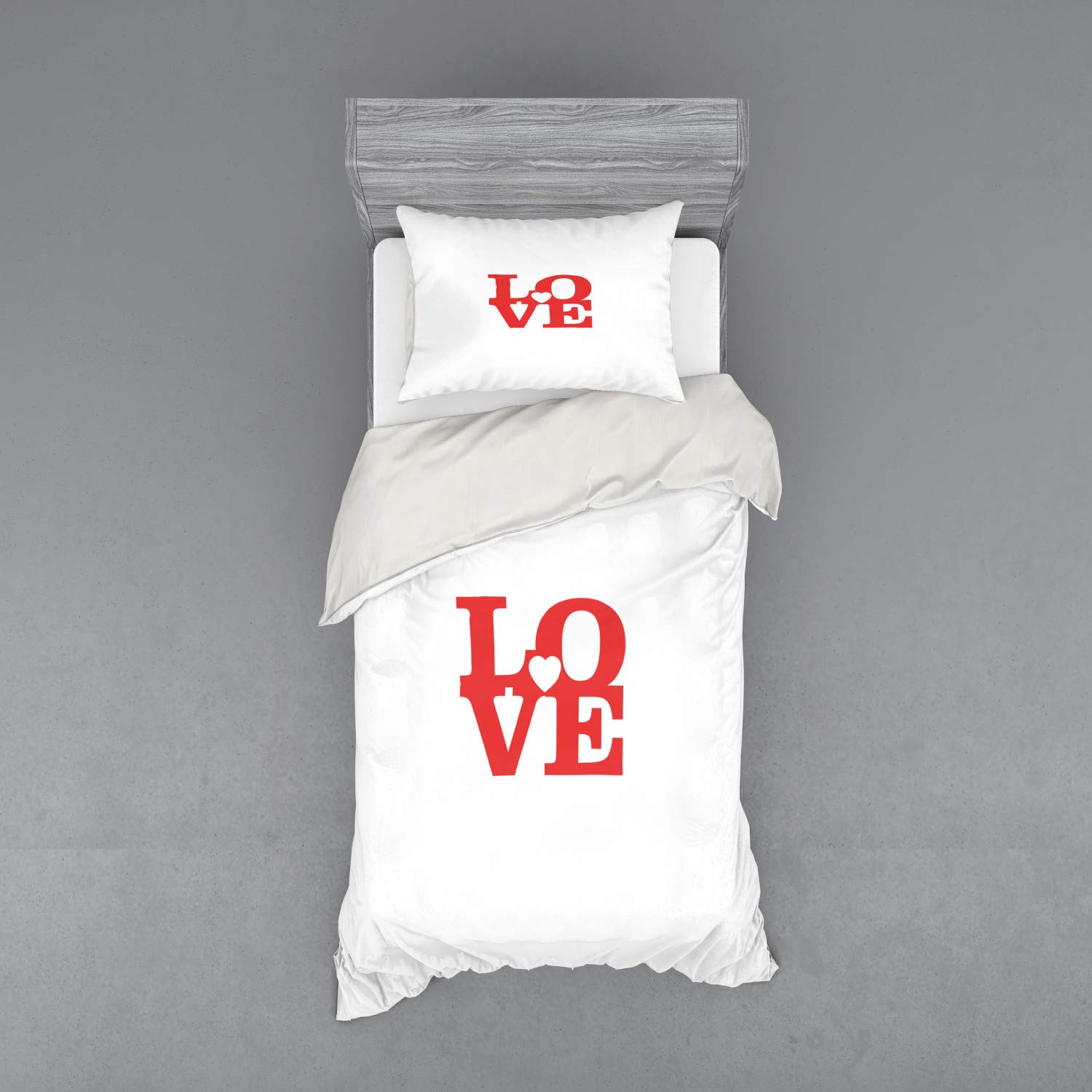 Ambesonne Love Duvet Cover Set - Valentine's Day Romantic Vintage Wedding Bedding | 3-Piece Twin Size with Sham & Fitted Sheet | Red & White Retro Design for Couples Bedroom, Anniversary Gift