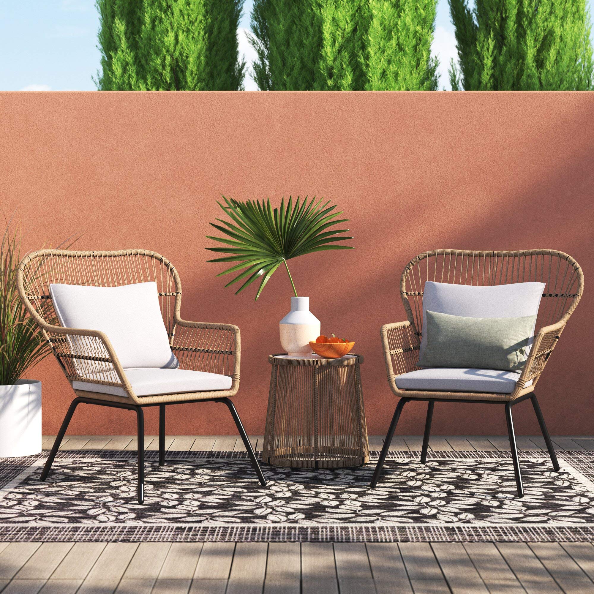 Barton 3-Piece Outdoor Bistro Set with Glass Table - Beige Wicker Rattan Patio Furniture for Garden, Balcony & Poolside Dining | Modern Conversation Seating for Backyard, Terrace & Cafe Style Decor
