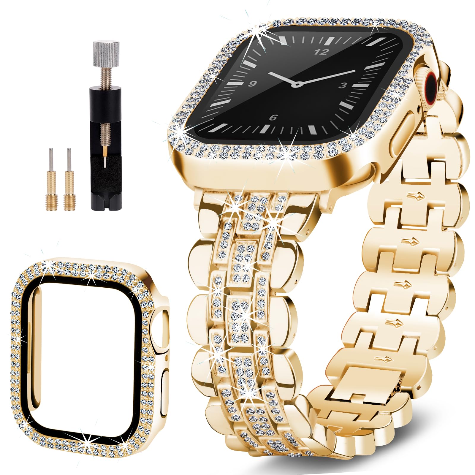 Sparkling Diamond Apple Watch Band 45mm for Women - Luxury Metal Bracelet with Crystal Protector Case, Compatible with iWatch Series 9/8/7 - Perfect for Parties, Weddings & Special Occasions