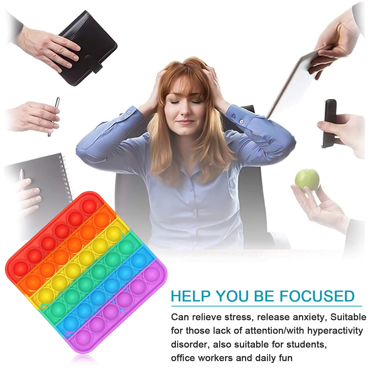 Pop Bubbles Fidget Sensory Toy for Kids & Adults - Silicone Stress Relief Push Bubble Toy for Autism, ADHD, Anxiety - Square Sensory Fidget Toy for Classroom, Office, Travel and Emotional Relaxation