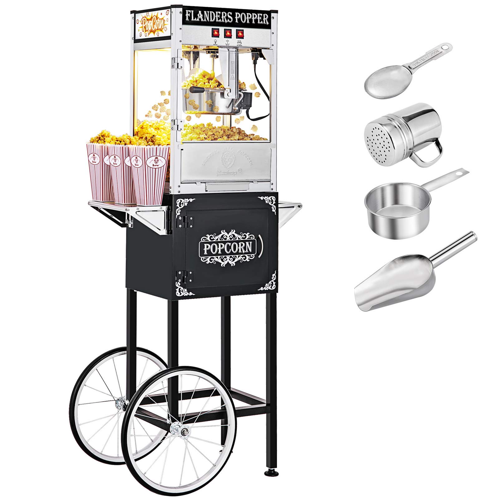 ROVSUN Commercial Popcorn Machine with Cart & Wheels - 8 Oz Kettle Makes 32 Cups - Includes Stainless Steel Scoop, Oil Spoon & 3 Popcorn Cups - Perfect for Home Theater, Movie Nights & Party Snacks - Black