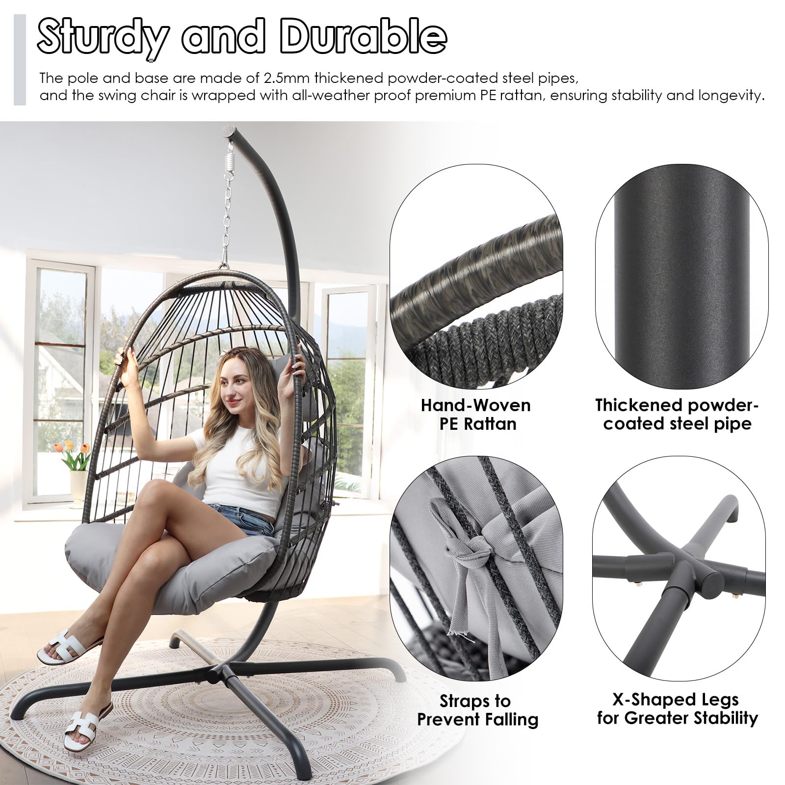 Premium Outdoor Hanging Egg Chair with Stand - Waterproof Cushions & PE Rattan Wicker - Foldable Swing Chair for Patio, Garden, Balcony - Indoor/Outdoor Use - 350lbs Capacity (Light Grey) - Perfect for Relaxing, Reading & Lounging in Your Backyard or Living Room