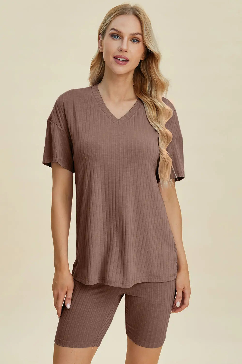 Basic Bae Full Size Ribbed V Neck Short Sleeve Top and Shorts Set - Women's Casual Summer Outfit for Beach, Lounge & Everyday Wear