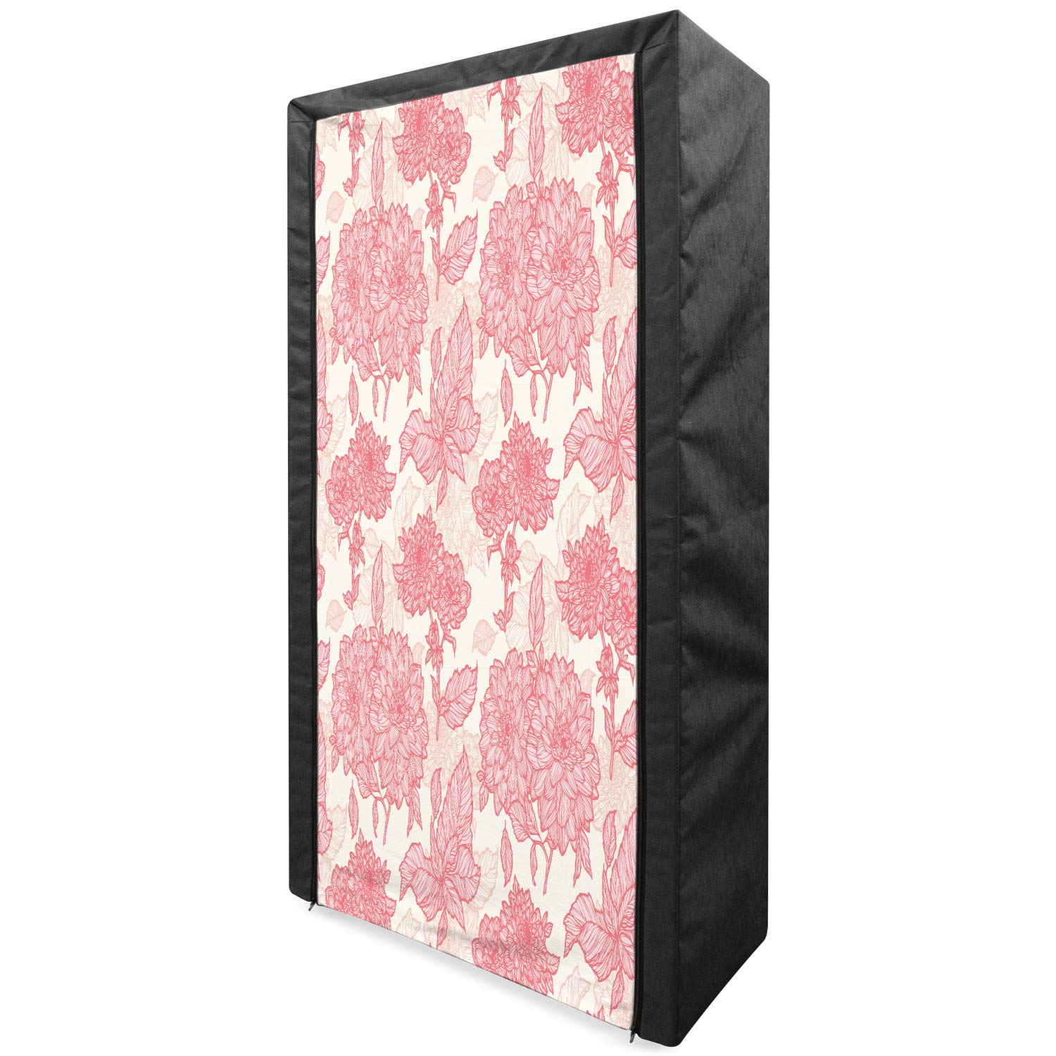Ambesonne Floral Fabric Wardrobe Closet Organizer with Shelves, 33.5 Inch Pink Portable Storage for Clothes - Romantic Dahlias Flowers & Leaves Gardening Theme Print - Perfect for Bedroom, Closet, Dorm, Nursery or Small Space Organization