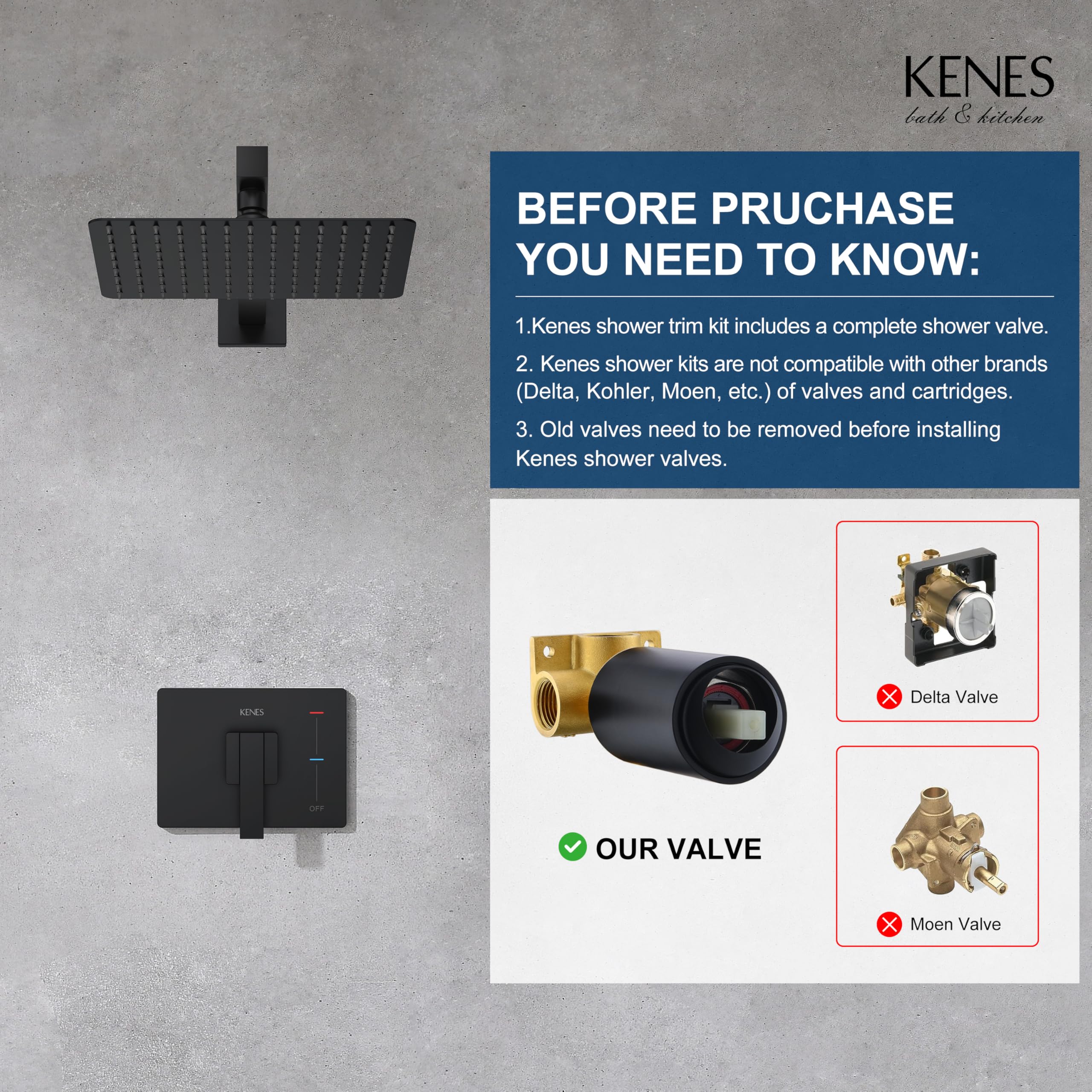 Kenes Matte Black Square Shower Faucet Set with Single-Spray Wall Mount Shower Head & Valve Included (Model KE-6024B-2) - Perfect for Modern Bathroom Renovations and Spa-Like Shower Experiences