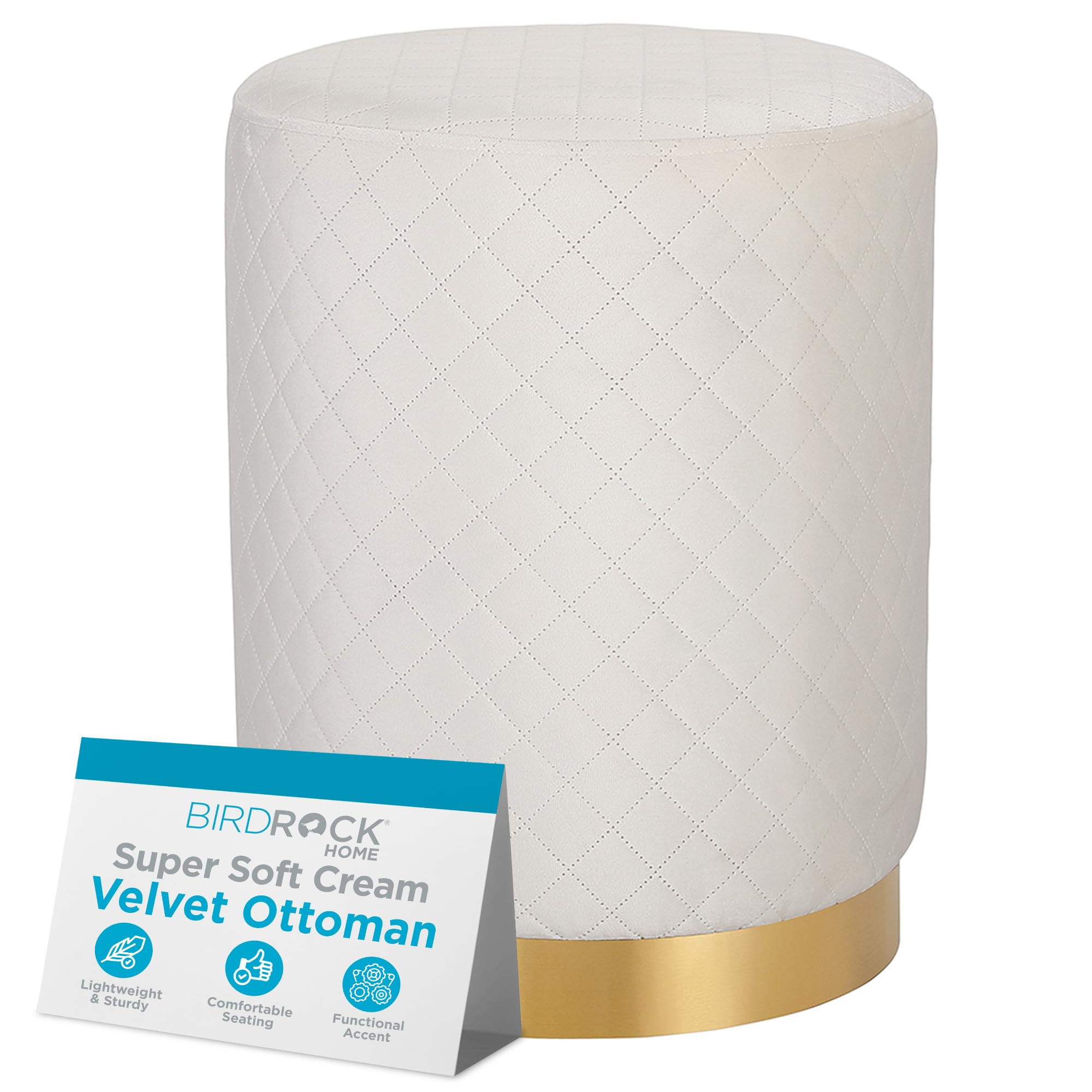 BirdRock Home Velvet Round Ottoman Foot Stool with Lattice Design & Gold Trim - Soft Padded Foot Rest for Living Room, Bedroom, Nursery - Decorative Ottoman for Chair, Rocking Chair, Couch - Cream - Perfect for Relaxing, Reading & Adding Elegance to Your Home Decor