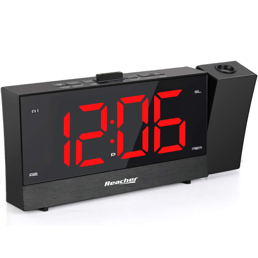 REACHER Projection Alarm Clock Radio with Dual Alarm, USB Charger, Sleep Timer, 0-100% Dimmer & Snooze - Perfect for Bedroom, Home Office & Travel