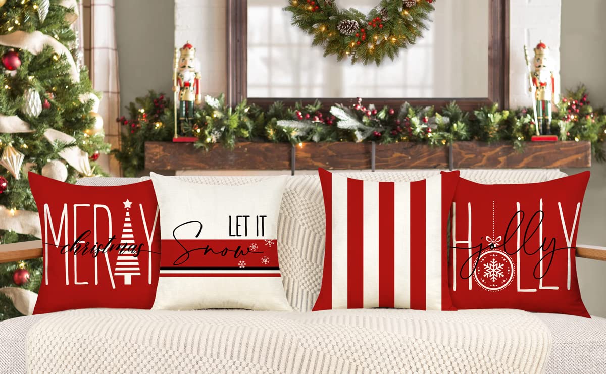 4 Pack 18x18 Inch Red Christmas Pillow Covers - Farmhouse Holiday Decor with Let It Snow & Holly Jolly Designs - Cozy Winter Throw Cushion Cases for Sofa, Couch, Living Room & Home Decor (S22C24)