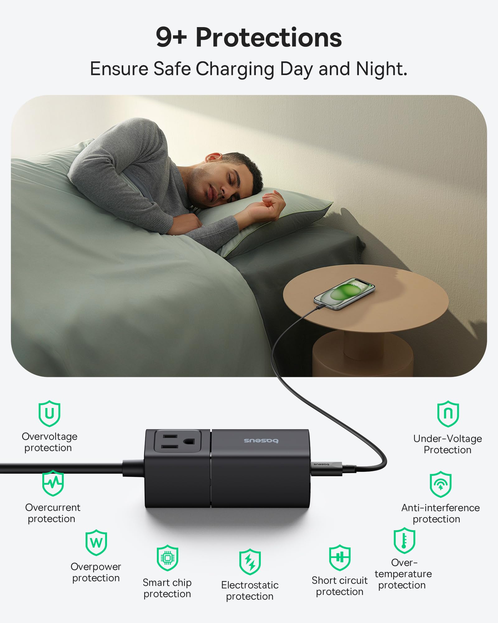 Baseus 67W 5-in-1 Detachable Travel Charging Station with USB C Fast Charger & 2 AC Outlets - 5ft Flat Extension Cord for MacBook Pro, iPhone, iPad, Samsung - Perfect for Cruise Travel, Office & Home Use