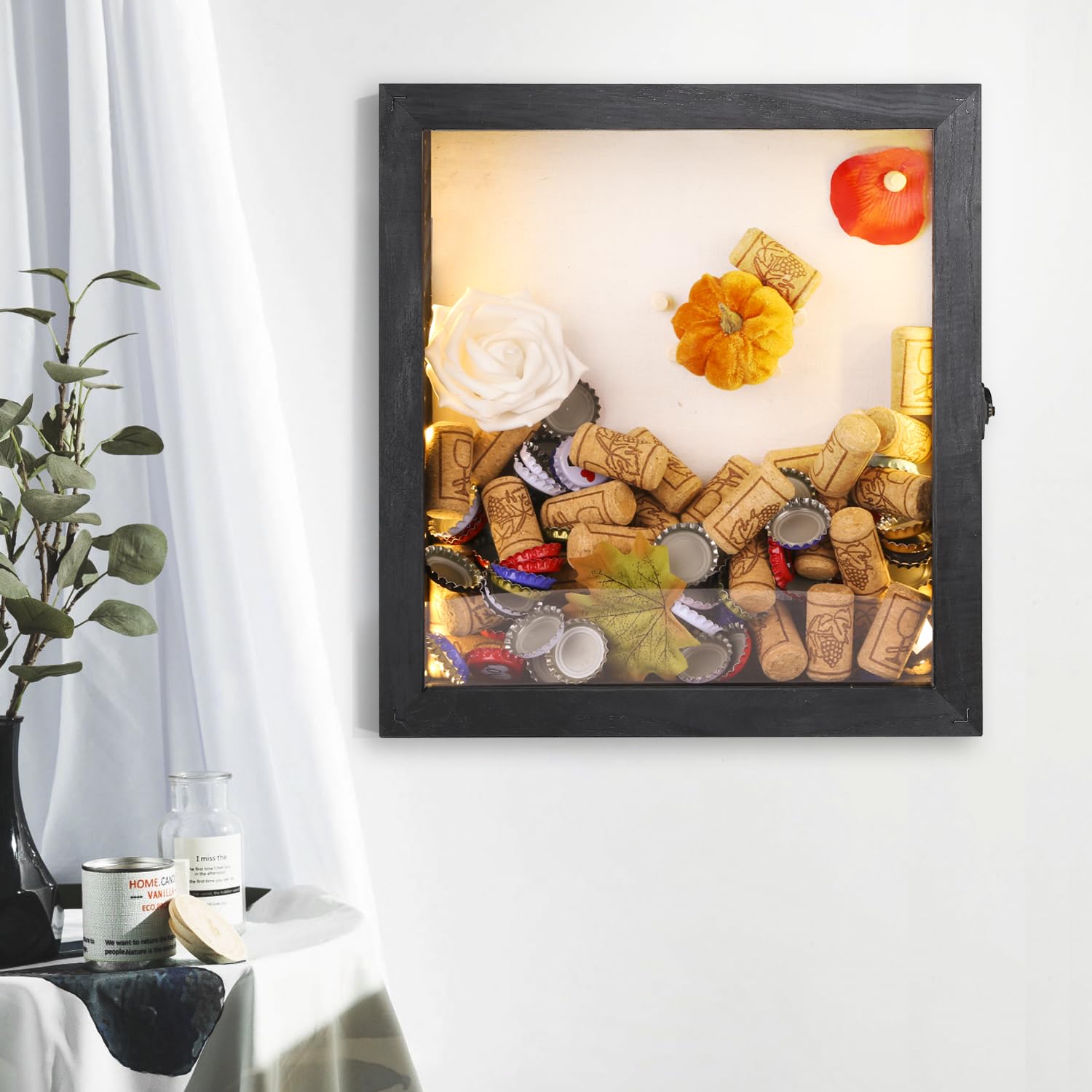 Romingo 11x12 Inch LED Shadow Box Frame - Wine Cork Display Case with Lights for Keepsakes, Memorabilia, Awards & Photos (Black) | Perfect for Home Decor, Wedding Gifts & Memory Preservation