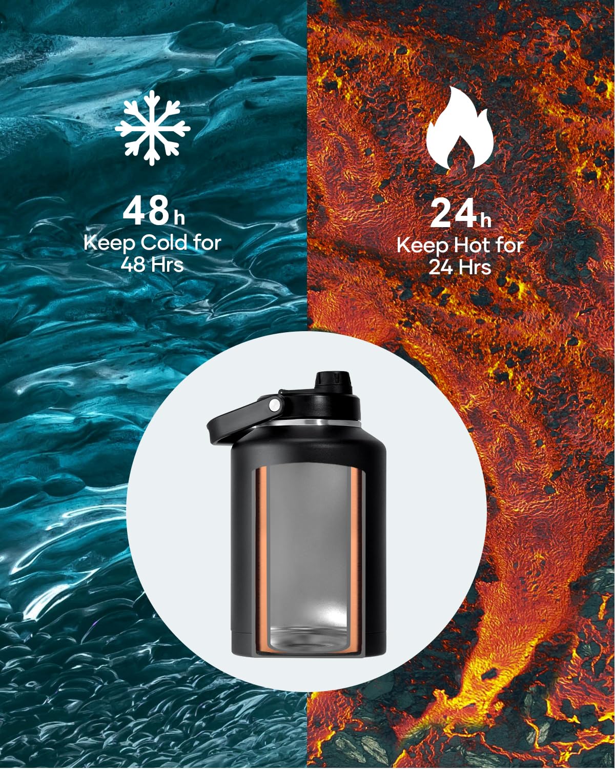 BUZIO 1.5 Gallon (192 oz) Stainless Steel Insulated Water Bottle - Double Wall Vacuum Leak Proof Flask with 2 Cups - Keeps Cold 48 Hours - Large Metal Canteen for Camping, Hiking, Gym, Office & Outdoor Activities