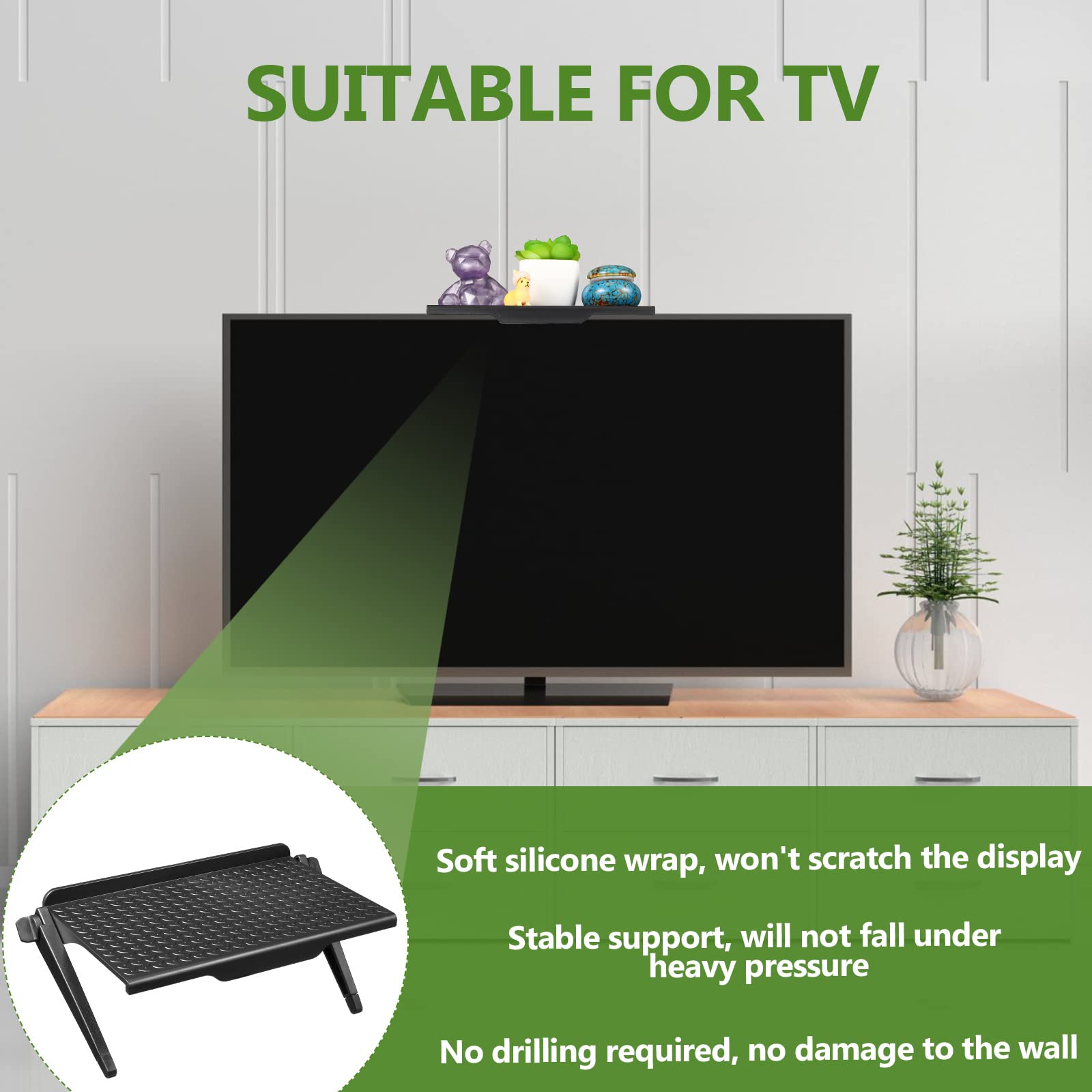 6-Piece Adjustable TV Top Screen Shelf - Black Plastic Monitor Stand for Video Game Consoles, Routers & Media Boxes (8.5 x 4.5 Inch) - Perfect for Living Room Entertainment Centers & Home Office Organization