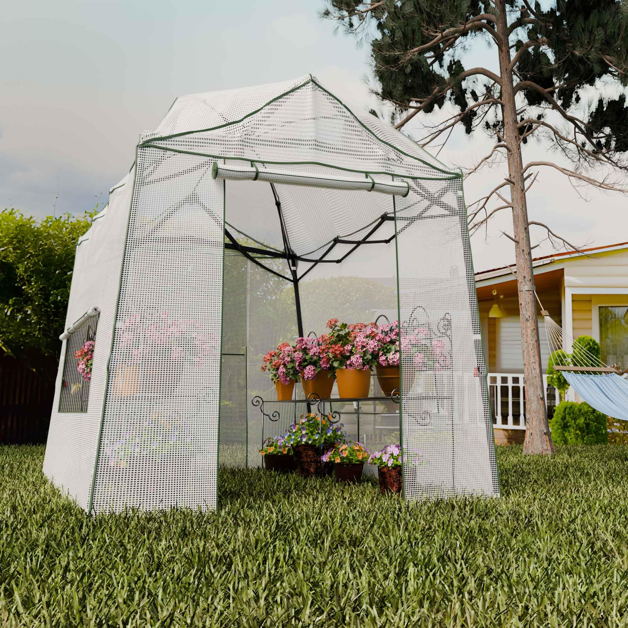 8.5 x 7 FT Walk-in Greenhouse for Plants | Portable Pop-up Garden Canopy with Adjustable Height & Durable PE Cover | Indoor Outdoor Use for Gardening, Seed Starting, Plant Protection (Clear/White)