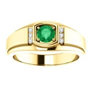14K Gold Men's Emerald and Diamond Ring - 0.42ct Emerald & 0.09ct Diamond Wedding Band for Engagement, Anniversary, and Special Occasions