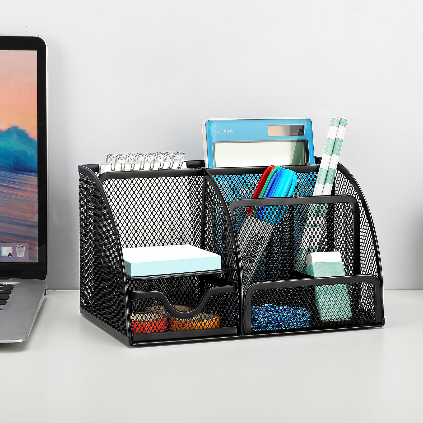 MaxGear 6-Compartment Metal Mesh Desk Organizer with Drawer - Black Office Pen Holder & Stationery Caddy with Non-Slip EVA Base (8.7