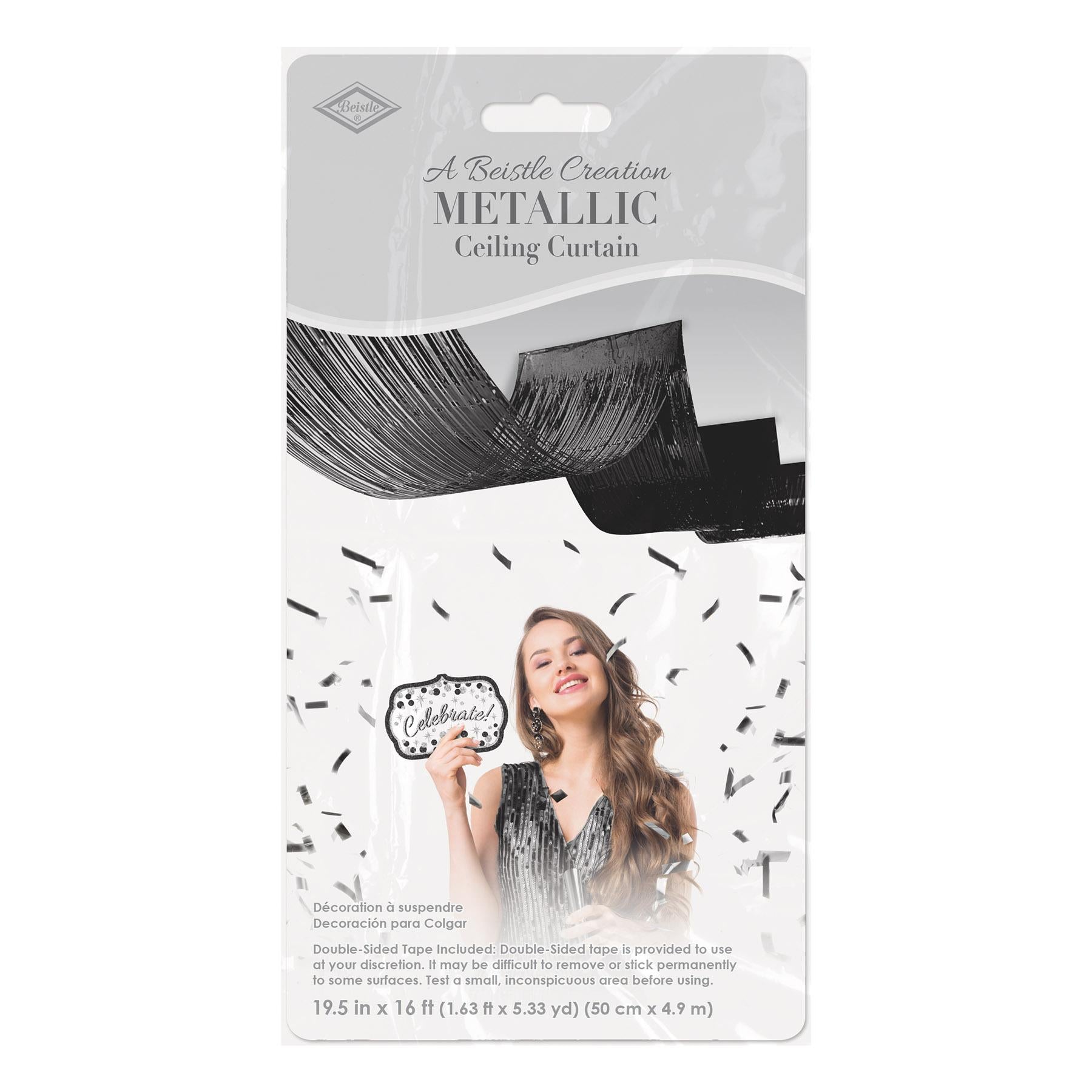 12 Pack Beistle 1-Ply Metallic Fringe Ceiling Curtains - Black Party Decorations for Halloween, Birthday & Wedding Backdrop Decor