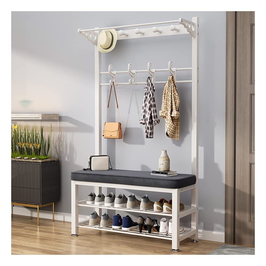 YAWEDA 4-in-1 Entryway Hall Tree Coat Rack with Shoe Storage Bench - 16 Hooks Industrial Metal Frame Coat Rack Shoe Bench for Mudroom, Foyer & Home Organization - Easy Assembly Entryway Furniture for Small Spaces