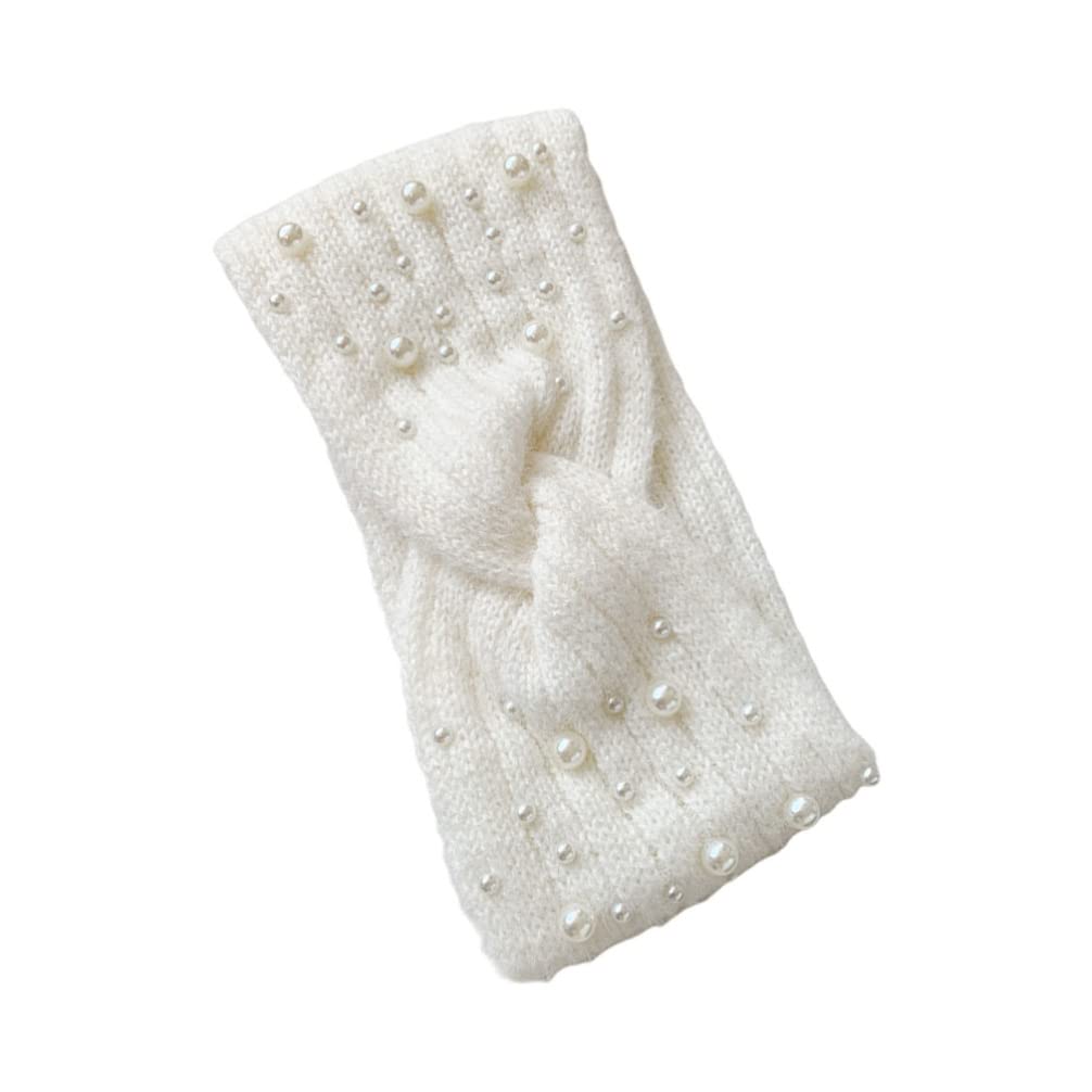 GALPADA Women's Pearl Winter Headband - Fuzzy Crochet Ear Warmer Headband for Women & Girls - Thick Cable Knit Warm Head Wrap for Cold Weather (White) | Perfect for Skiing, Snowboarding & Outdoor Winter Activities