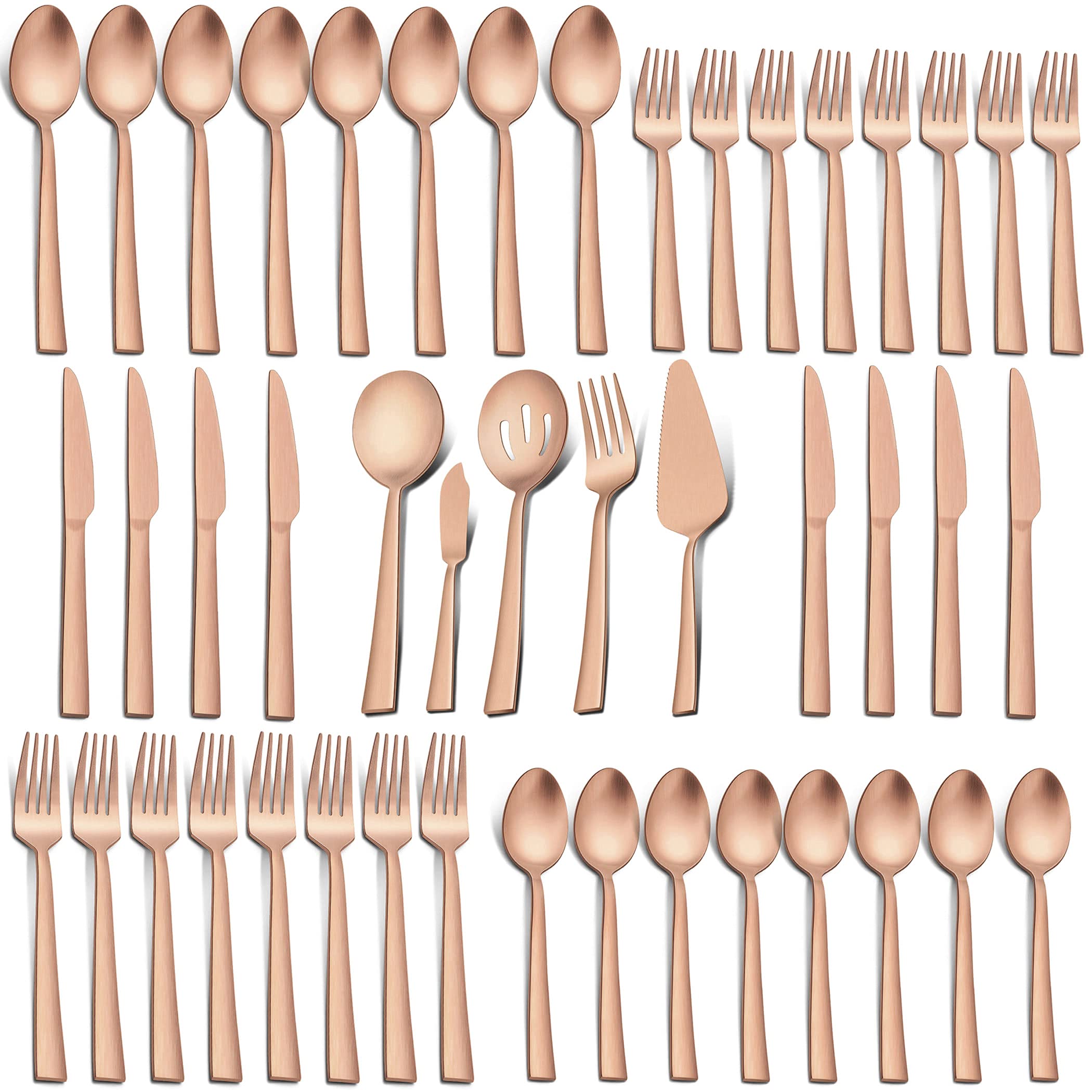 45-Piece Matte Rose Gold Silverware Set - Stainless Steel Flatware for 8 with Serving Utensils - Square Tableware Set for Wedding, Home & Restaurant Use - Dishwasher Safe Satin Finish Cutlery - Elegant Dining Utensils for Parties, Holidays & Everyday Meals