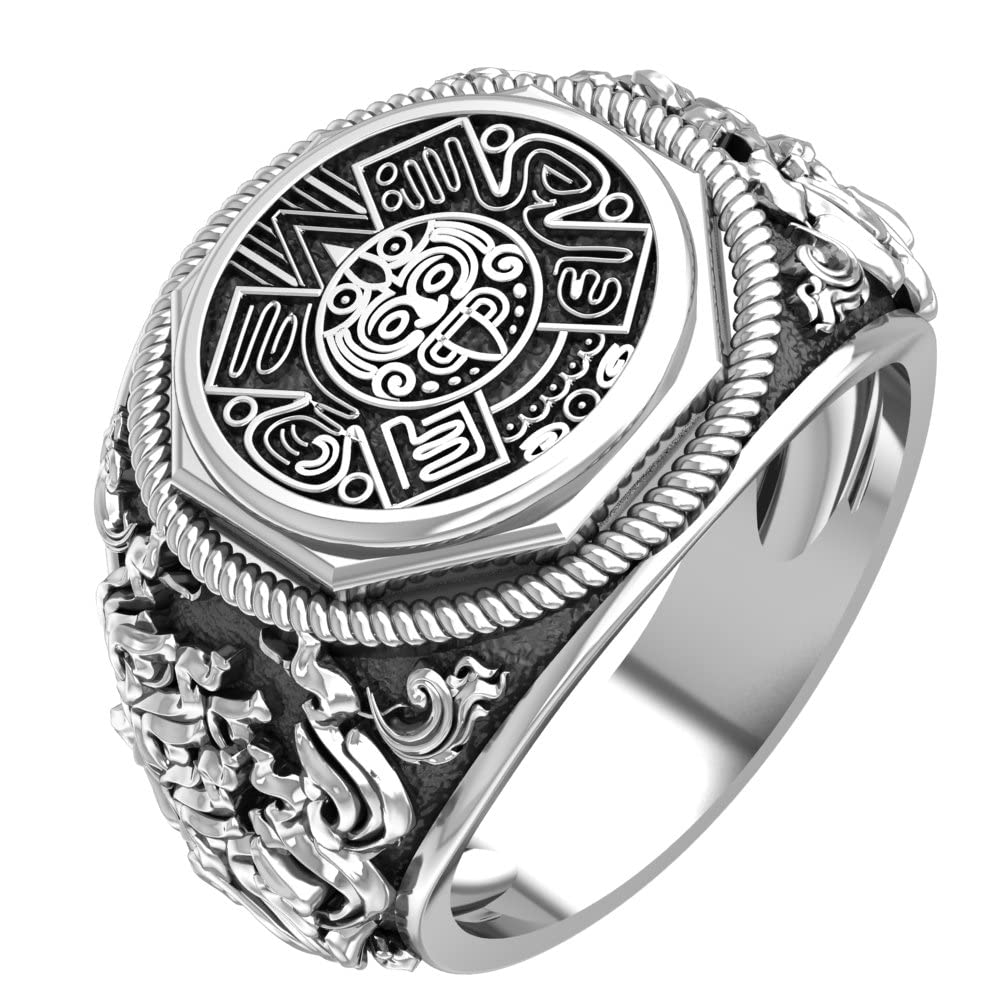 925 Sterling Silver Aztec Calendar Ring for Men - Mayan Sun God Jewelry - Handmade Tribal Signet Ring - Perfect for Gifts, Spiritual Wear & Boho Fashion