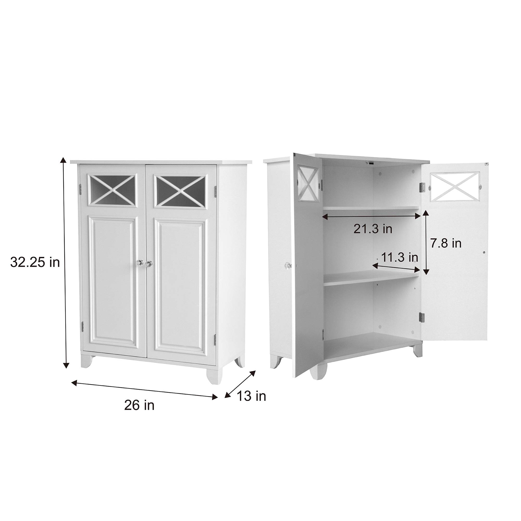 Teamson Home Dawson White Wooden Freestanding Floor Cabinet - 3 Storage Spaces, 1 Fixed & 1 Adjustable Shelf, 2 Glass Panel Doors with Clear Knobs - Perfect for Living Room, Bedroom, or Office Storage & Display