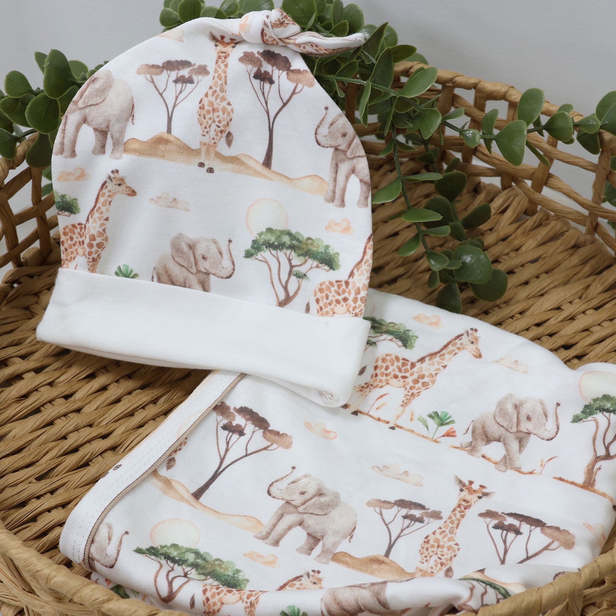 Adventure Bamboo 2-Piece Organic Cotton Jersey Swaddle & Beanie Set for Newborns - Soft Baby Wrap Blanket and Hat Gift Set for Hospital, Photo Shoots & Nursery