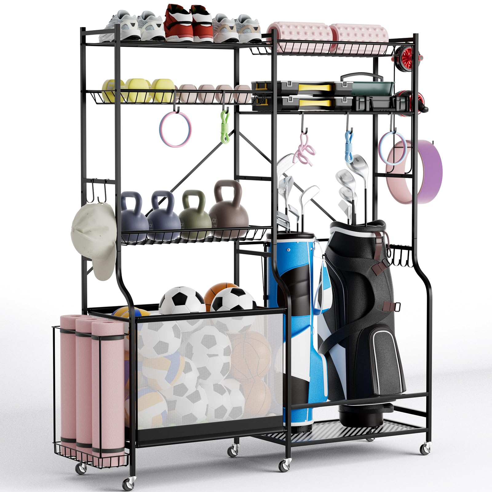 Goplus Garage Sports Equipment Organizer - Adjustable Ball Storage Rack with Rolling Wheels, Basket & 13 Detachable Hooks - Basketball Football Gear Holder for Indoor & Outdoor Use - Perfect for Golf Bags, Sports Gear & Toy Storage in Garage, Basement or Backyard