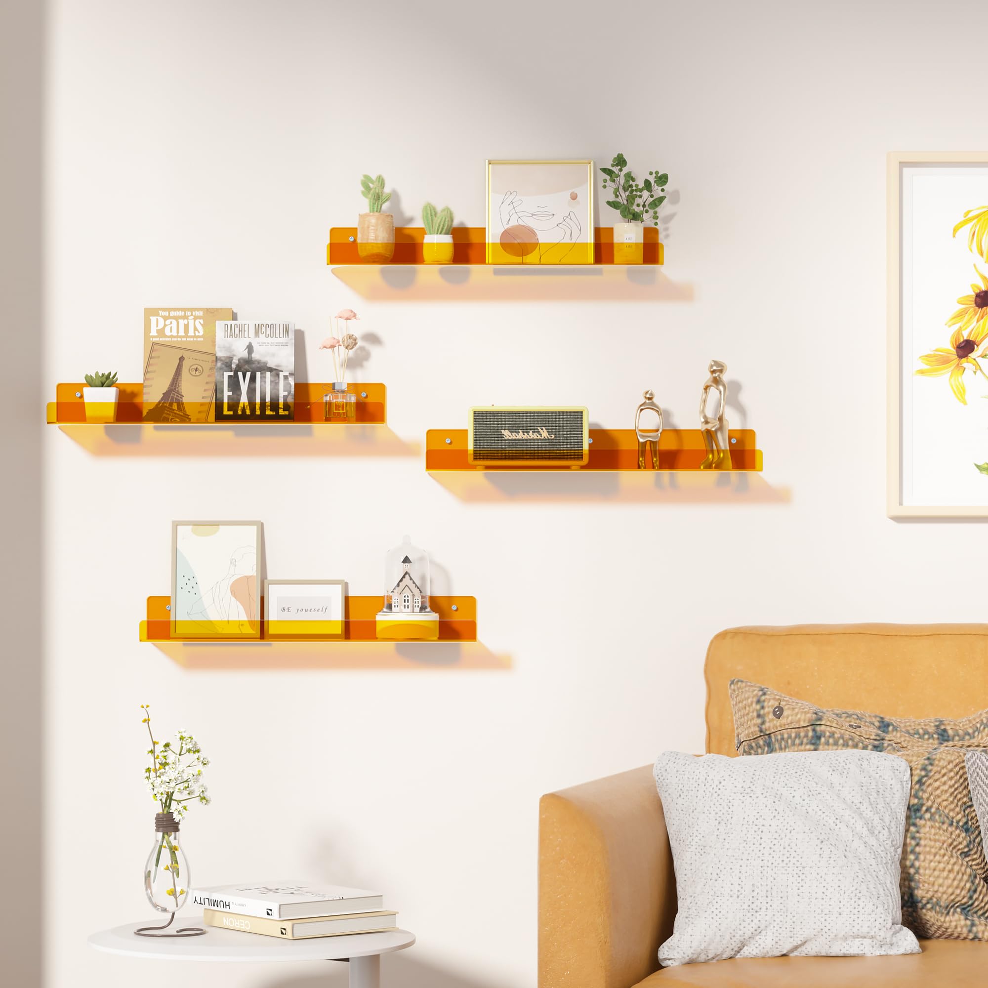 upsimples 4 Pack Clear Orange Acrylic Floating Shelves - 15 Inch Wall Mounted Display & Storage Shelves for Books, Decor & Organizing - Perfect for Kids Room, Bathroom, Bedroom, Living Room & Kitchen Decor