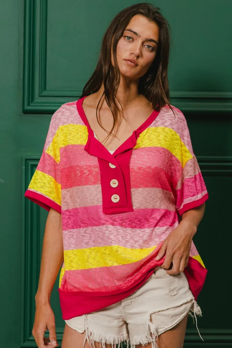 BiBi Women's Multi-Color Striped Hacci Knit Button Detail Ringer T-Shirt | Casual Summer Top for Outfits, Beach & Date Nights