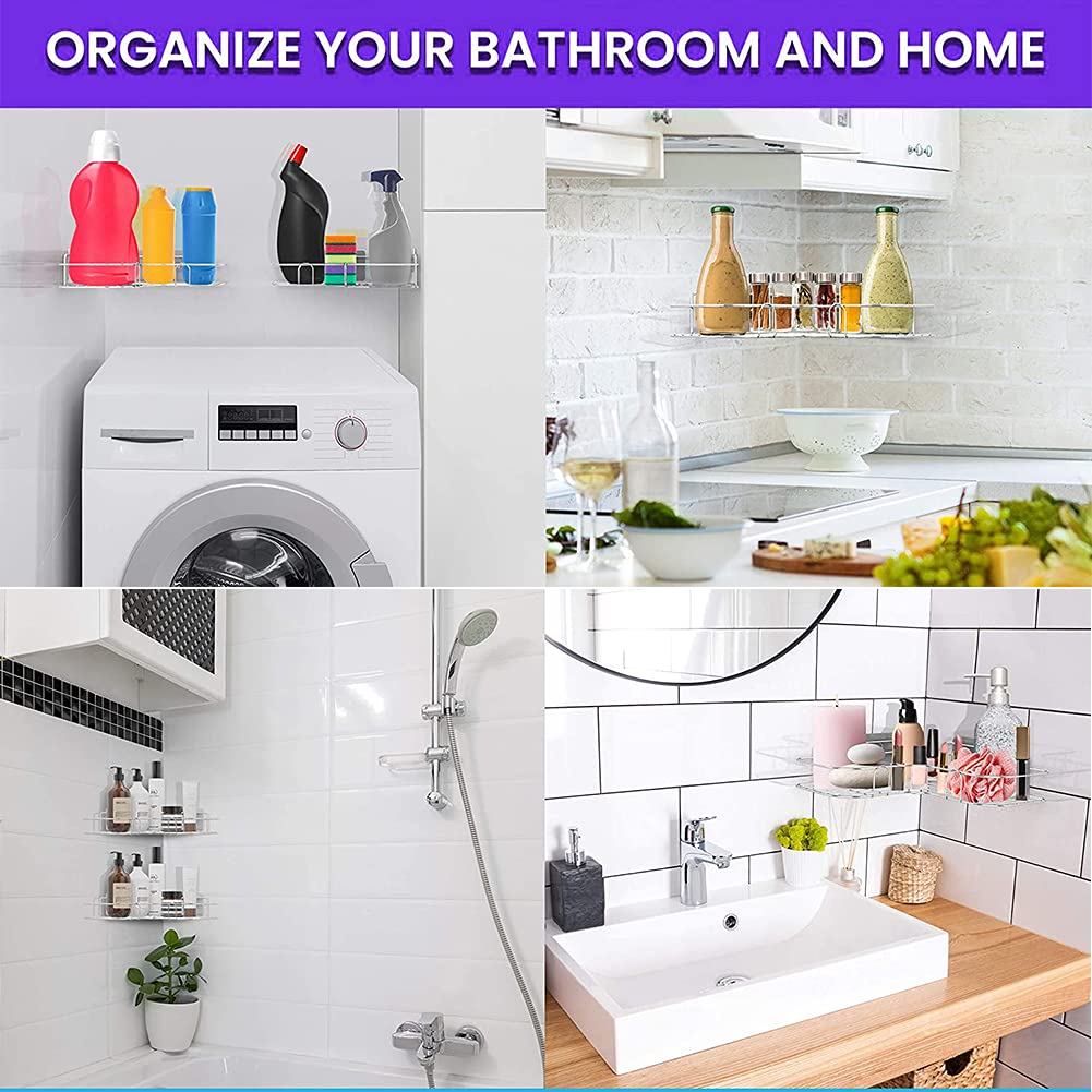 Stainless Steel Adhesive Shower Organizer - Drill-Free Bathroom Corner Shelf with Hooks, Rustproof & Waterproof Shower Caddy Basket for Shampoo & Toiletries - Perfect for Small Bathrooms, Apartments & Rented Spaces