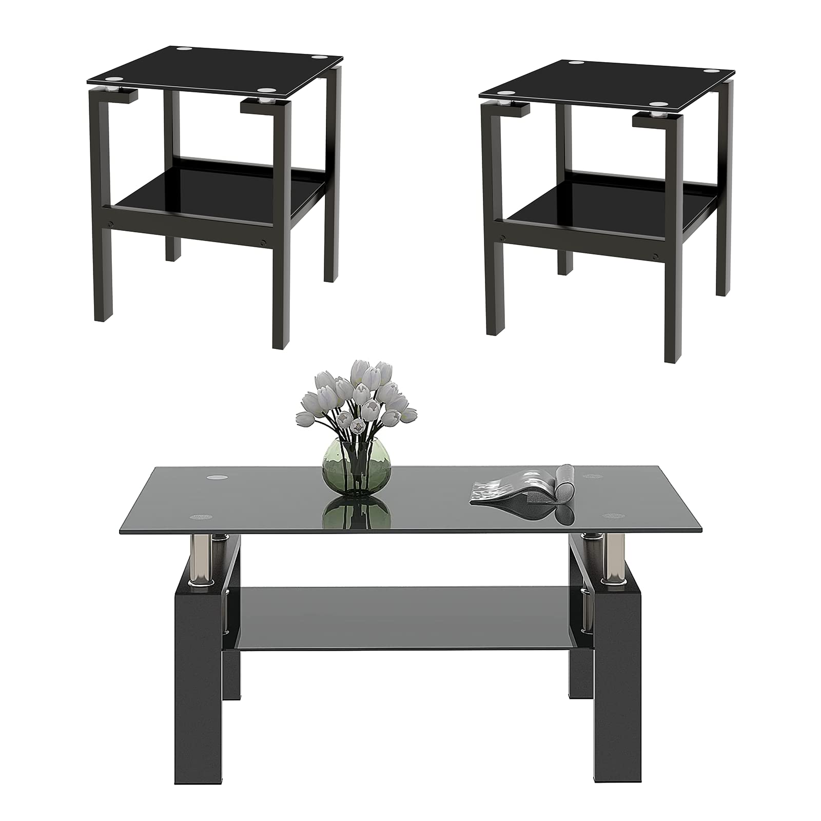 3-Piece Black Glass Coffee Table Set with Tempered Glass Top & Metal Frame - Modern Living Room Table Set for Apartment, Small Space - Perfect for Entertaining, TV Lounging & Home Decor