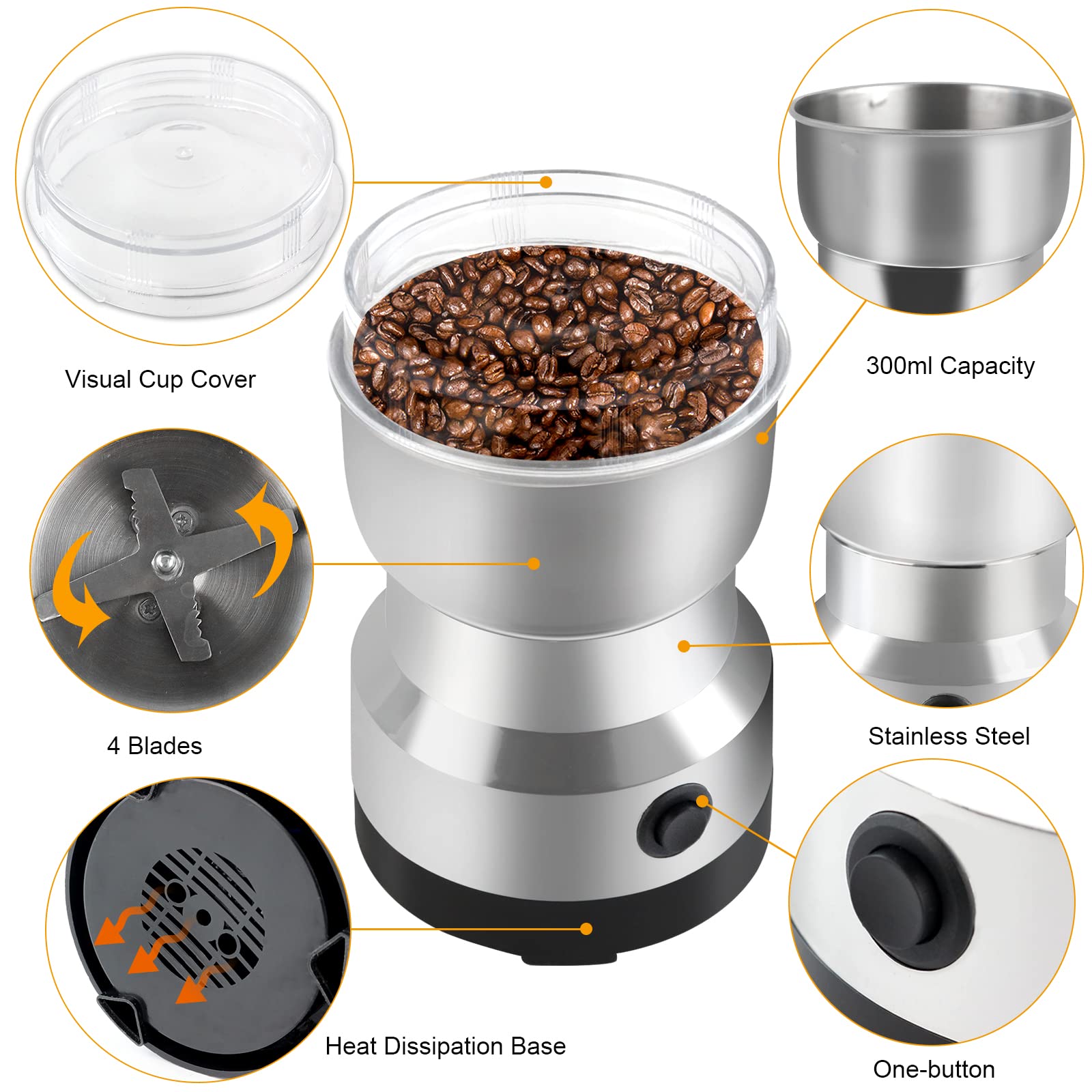 Premium Electric Coffee Grinder 200W - Mini Spice Grinder with 300ml Capacity & Stainless Steel Blades - Perfect for Coffee Beans, Nuts, Herbs & Spices - Ideal for Home Kitchens, Coffee Shops & Camping Use