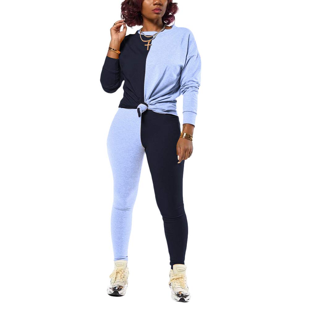 JUNBOON Women's 2 Piece Patchwork Jumpsuit Set - Long Sleeve Crop Top & Bodycon Pants Outfit, Casual Tracksuit for Women | Perfect for Streetwear, Gym, Lounge & Everyday Fashion