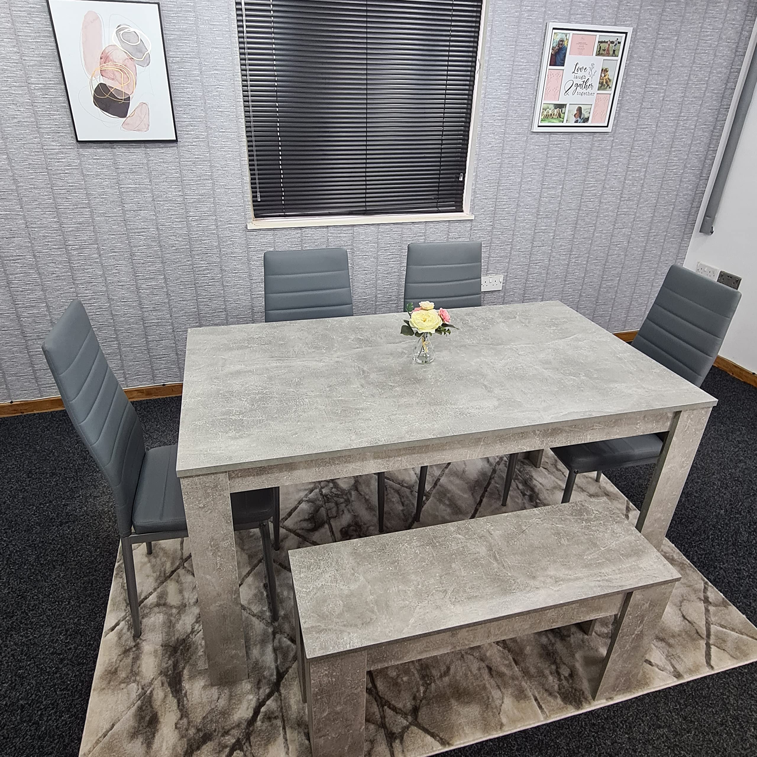 Stylish Grey 5-Piece Dining Set with Table, 4 Chairs & Bench - Modern Kitchen Furniture for Small Spaces | Perfect for Breakfast Nook, Apartment Dining or Cozy Family Meals