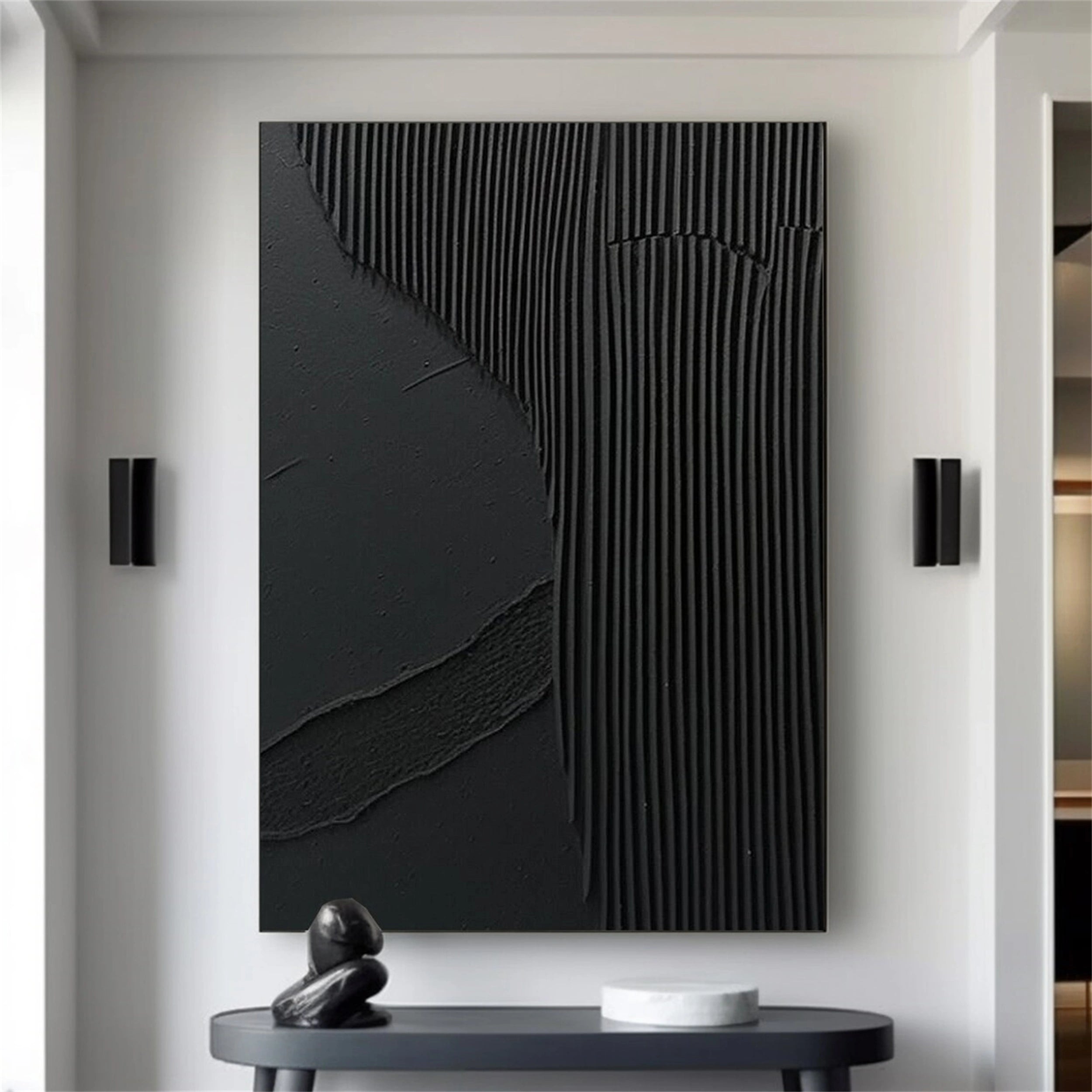 Black Minimalist Textured Painting Canvas - Modern Abstract Wall Art for Home & Office Decor | Perfect for Living Room, Bedroom & Studio | #MZ075