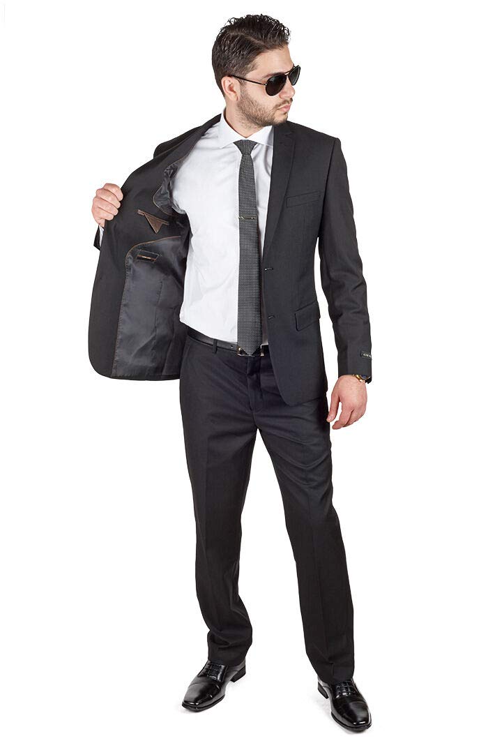 Azar Slim Fit Men's Suit - Solid Black 2-Button Notch Lapel with Flat Front Pants | Business Formal Attire, Office Wear, Wedding Suit, Special Occasion Outfit