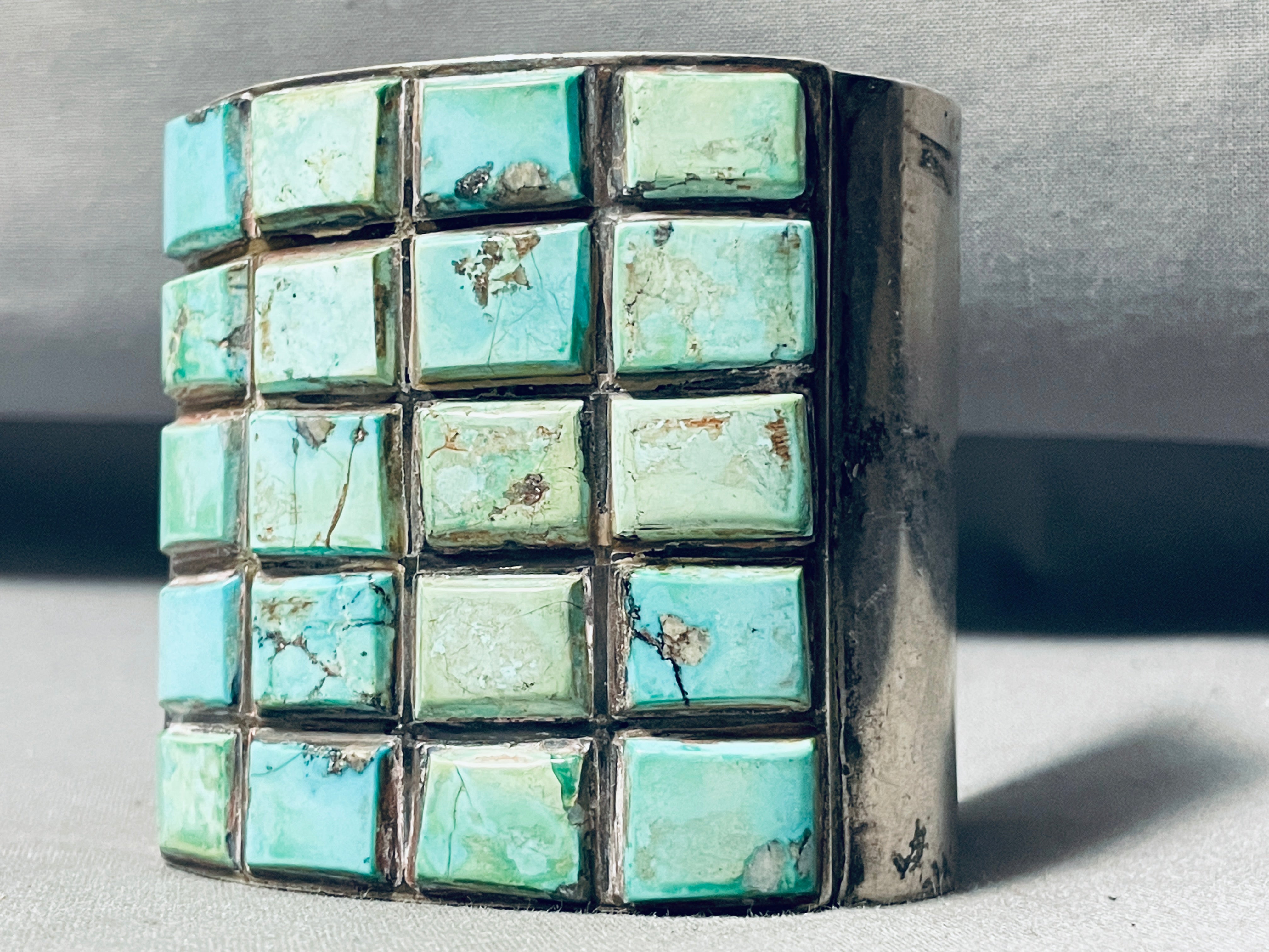 175 Grams Vintage Native American Navajo Checkerboard Turquoise Sterling Silver Bracelet