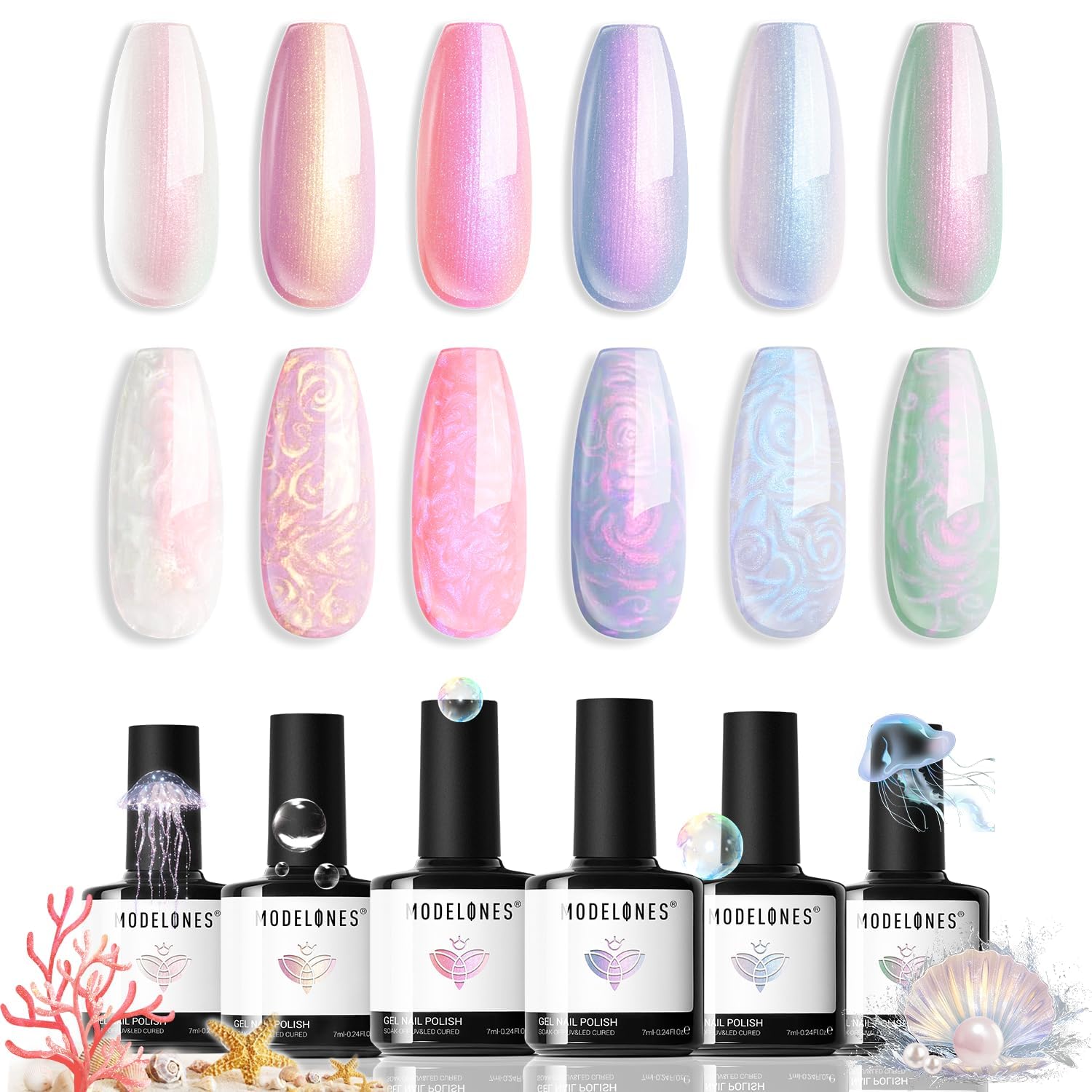 Modelones Pearl Gel Nail Polish Set - 6 Colors Aurora Iridescent Shimmer Nail Art Kit (White, Pink, Purple) for Mermaid & Shell Nail Designs | Soak Off LED/UV Glitter Gel Polish | Perfect for Easter DIY, Gift Giving & Professional Nail Salons
